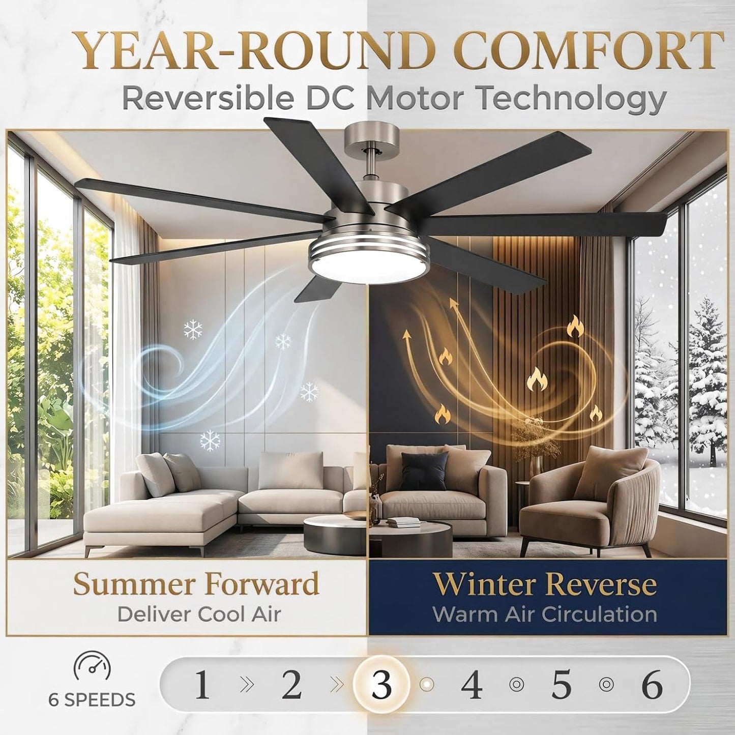 62 Inch Ceiling Fan with Light, Brushed Nickel 7 Blade Reversible DC Fan, App & Remote Control, 3 Color Dimmable LED for Large Living Spaces