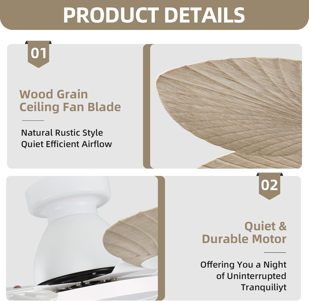 52 Inch Boho Palm Leaf Flush Mount Ceiling Fan with Light and Remote White Motor, Natural Wood Finish Blades, Quiet DC Motor, Dimmable LED, Low Profile Hugger for Bedroom & Patio