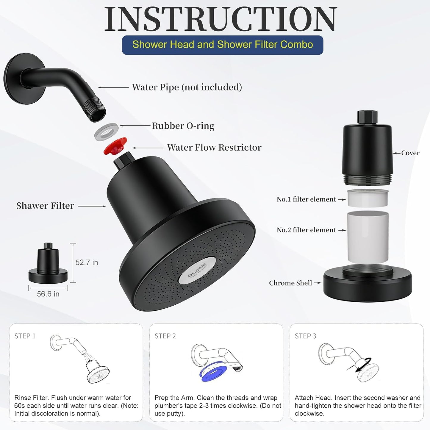 DLONE® Filtered Shower Head with Filter for Hard Water Softening - Black