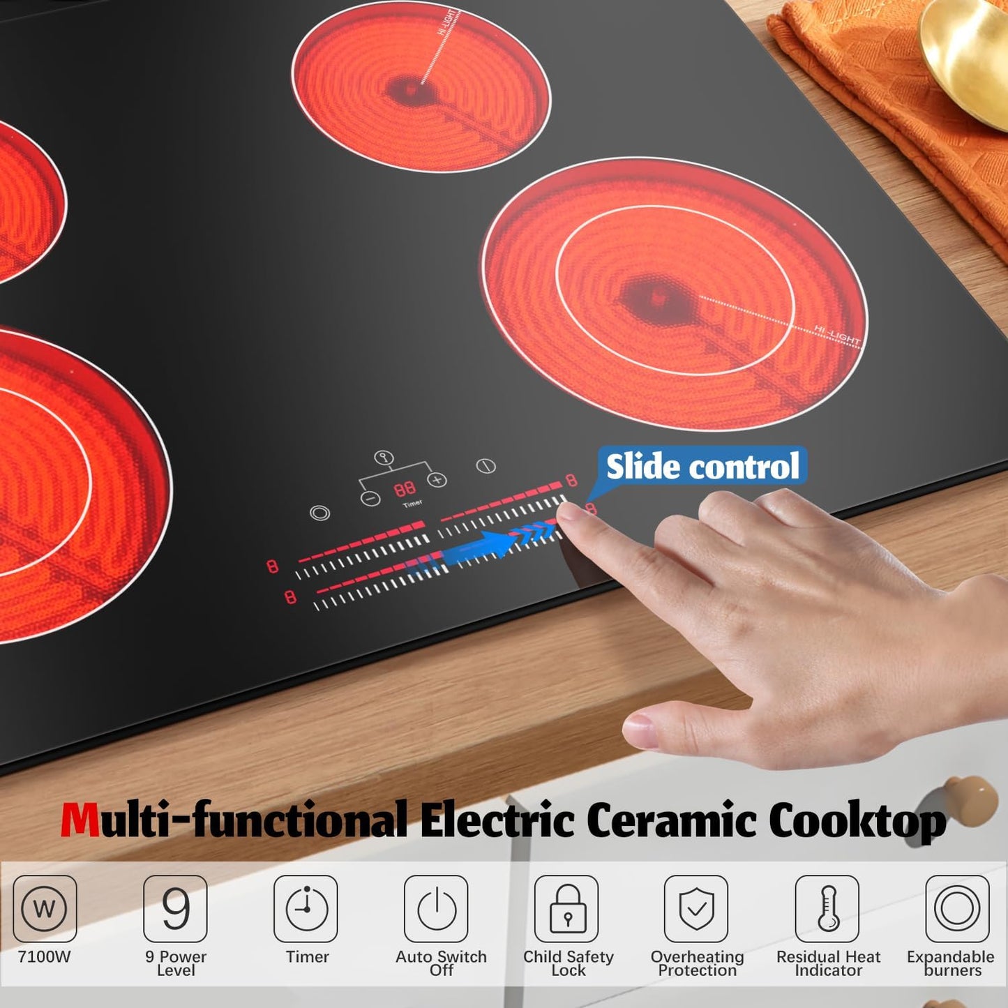 4 Burner Electric Cooktop 30 Inch, 220V Electric Stove Top 30 Inch Built-in Install, 7100W Electric Ceramic Cooktop with Slide Control, Timer, Child