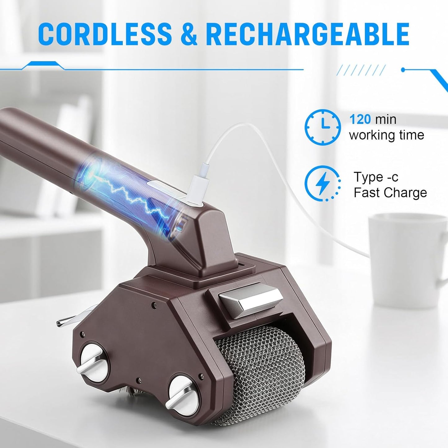 Electric Grill Brush, 350 RPM BBQ Grill Cleaner with Dual Cleaning Heads, 2600mAh Rechargeable Power Grill Scrubber for Outdoor Flat Top, Cast Iron, Barbecue Grates, Brown