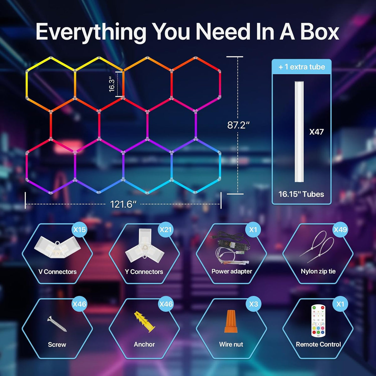 HYPERLITE Hexagon Garage Lights: 11 Grid RGB Hexagon LED Lights
