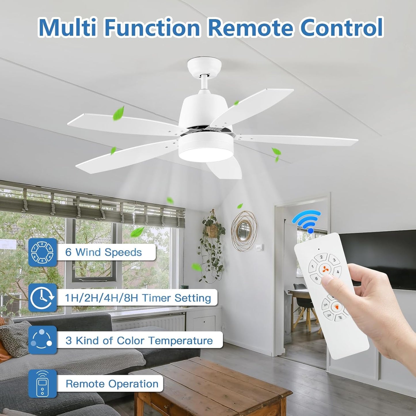 Ceiling Fan with Lights, 52 Inch White Ceiling Fan with Remote, Dimmable LED Light, Quiet Reversible Motor, 5 Blades Modern Ceiling Fan for Bedroom