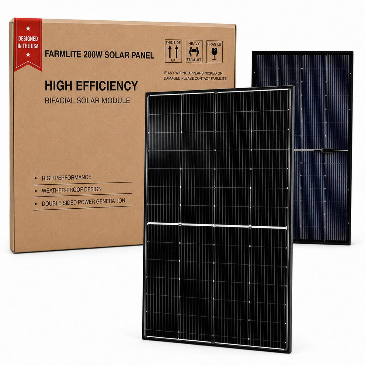 FarmLite 200 Watt Solar Panel Bifacial | Bifacial 200W Solar Panel for Off-Grid | Maximum Power Output of 200W | USA Owned Brand