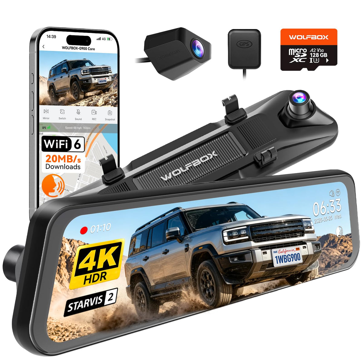 WOLFBOX G900 Core 12" 4K Mirror Dash Cam, 8MP STARVIS 2 IMX678 Night Vision G900 Core-128GB SD Card