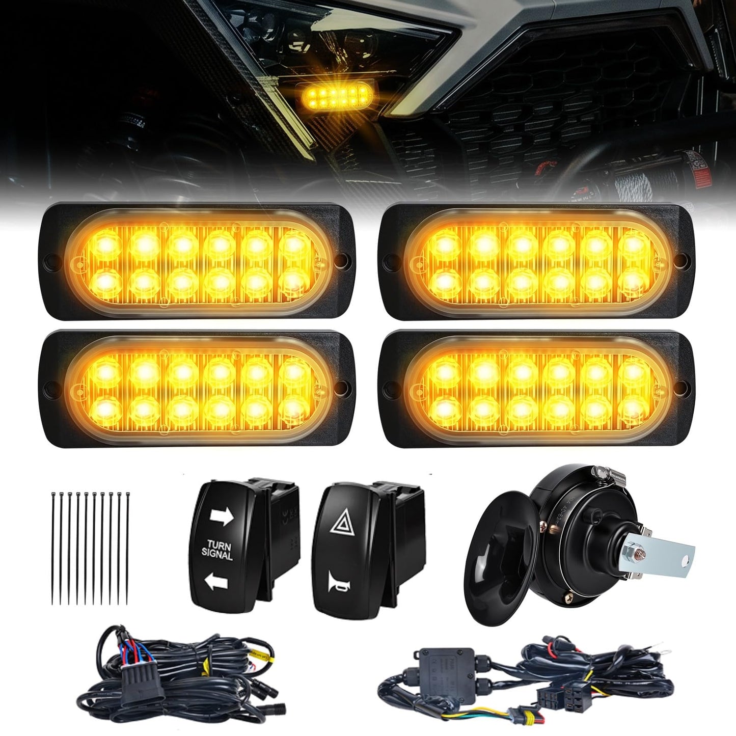 UTV Turn Signal Kit with 2 Rocker Switch and Dual Row 12 LED Beads Amber Light with Rocker Switch