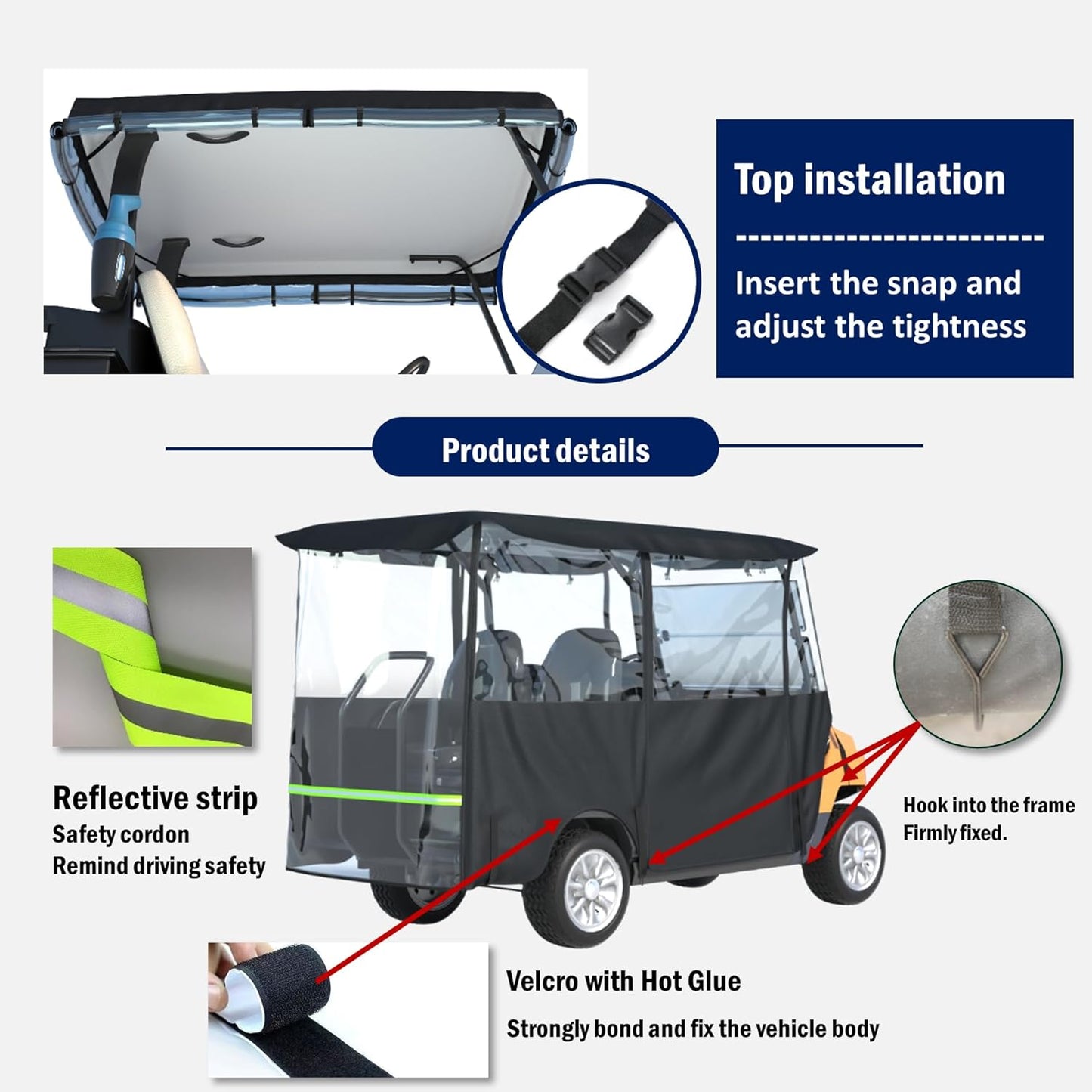 BENVOL Golf Cart Enclosure 4 Passenger –Roof Up to 78", Heavy Duty 900D Waterproof Rain Cover,0.5mm Clear PVC, Fits Club Car Precedent/Onward/Tempo, EZGO & Yamaha, Winter Windprood Cover 4seat-black