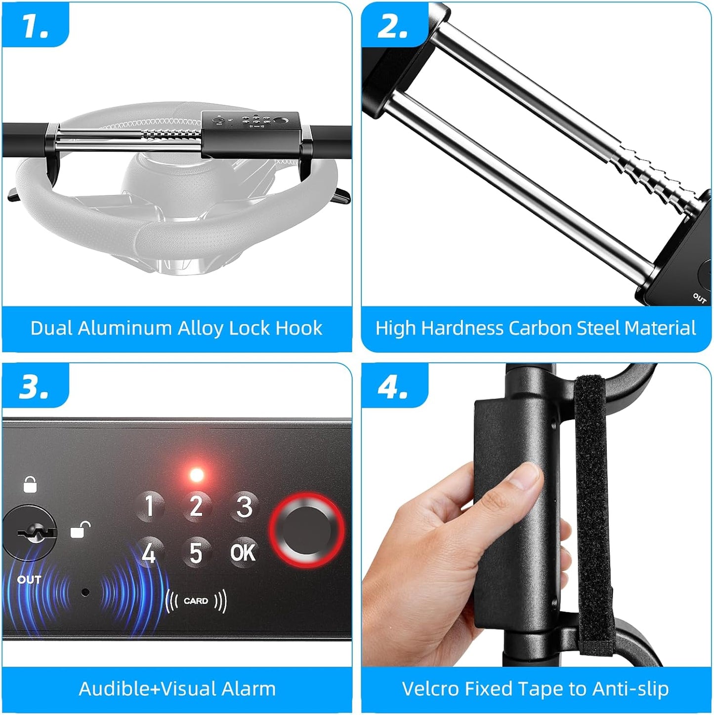 eRapta Smart Steering Wheel Lock, Fingerprint and Numeric Keypad Antitheft Car Security Lock with Dual Alarm, Adjustable Length for Universal Standard Shaped Steering Wheels, Window Breaker Included