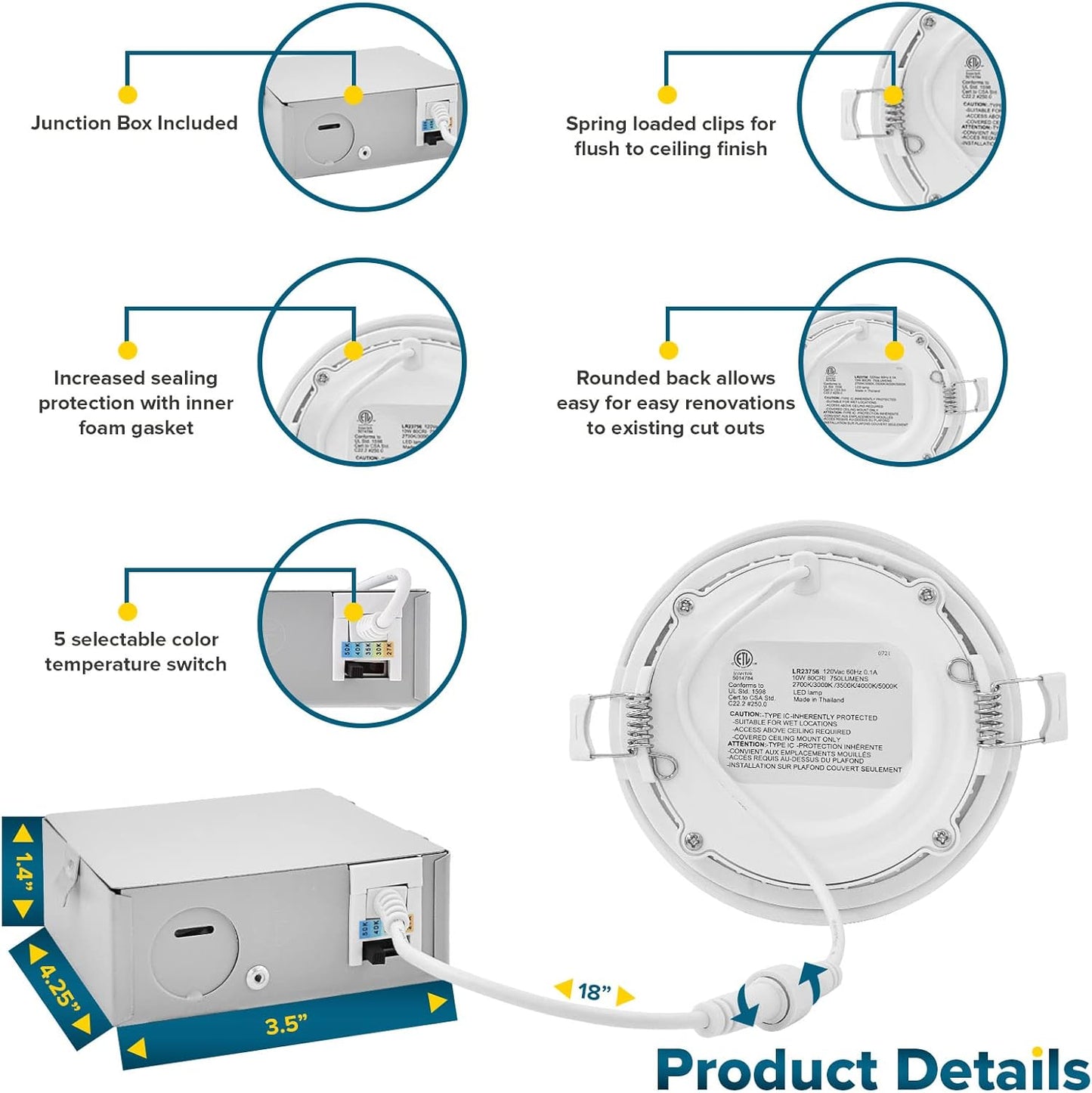 SUNPERIAN 12-Pack 4 Inch Ultra-Thin LED Recessed Lighting with Junction Box, 5 Color Options 2700K/3000K/3500K/4000K/5000K, 10W, 750 Lumens, Dimmable