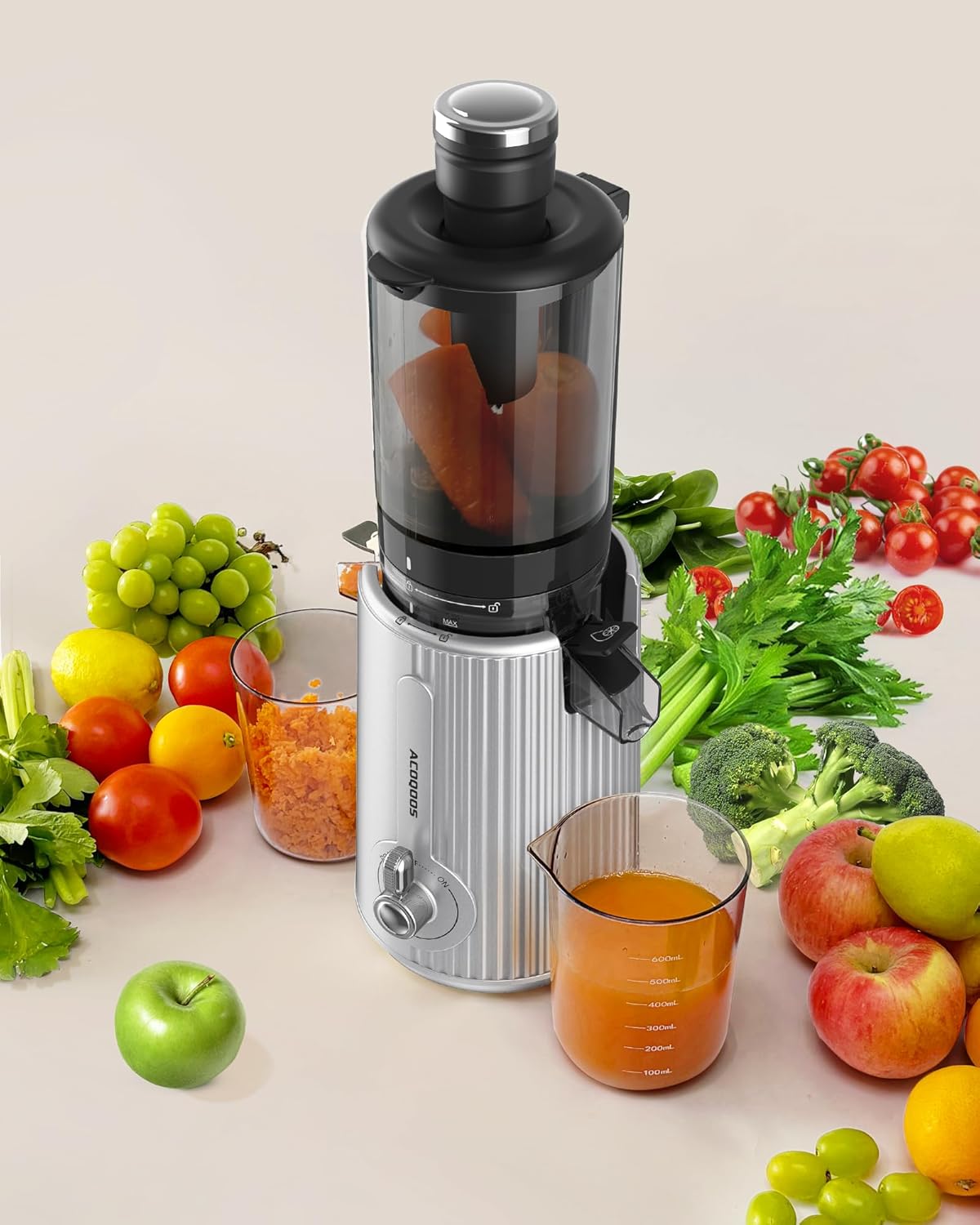 Machines, Juicers Whole Fruit and Vegetable with 4.3' Feeding Chute, Easy to Clean Cold Press Juicer with 2 Cups, Masticating Juicer Silvery (No