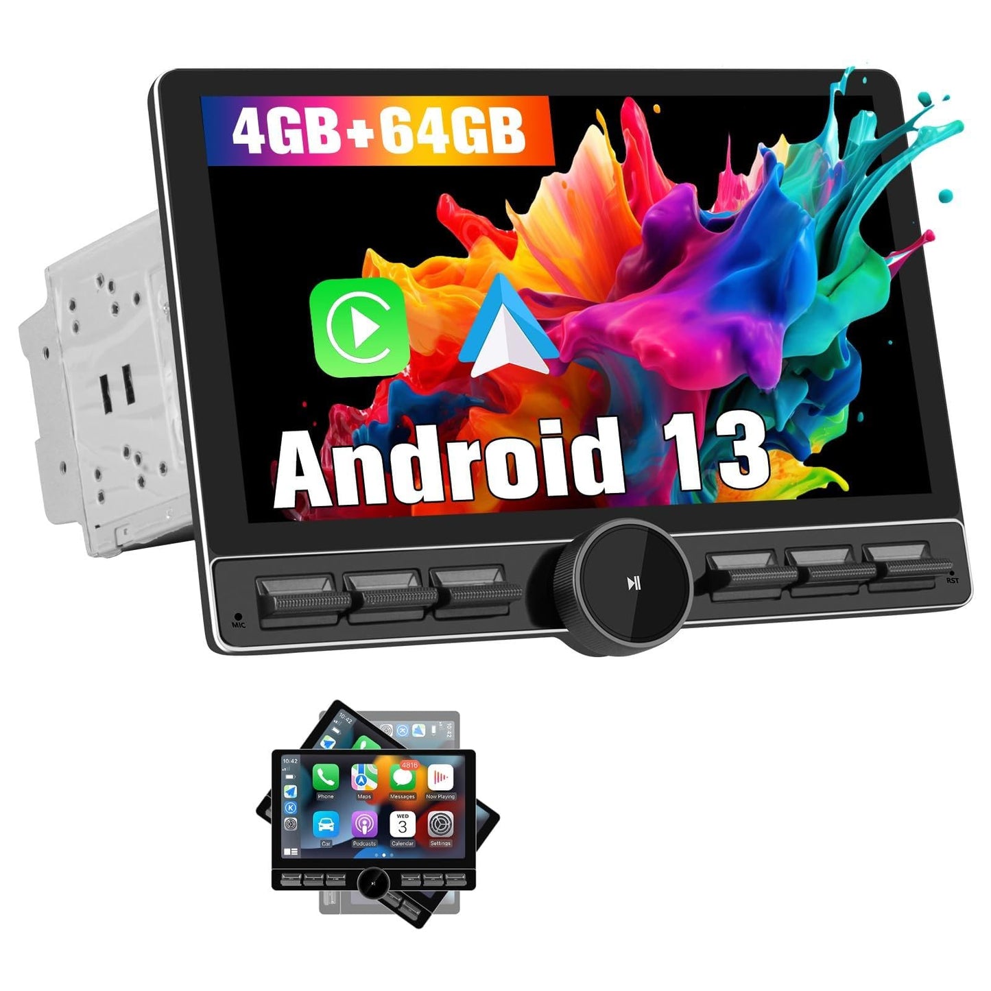 10.6" Double Din Car Radio with Wireless CarPlay & Android Auto | Android 13 Stereo with IPS Touchscreen, 4G SIM, Knob Button, GPS, DSP, WiFi, Bluetooth, SWC, Subwoofer Output
