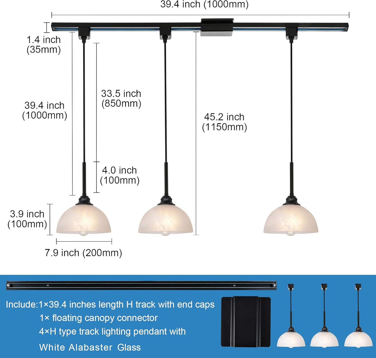 TULUCE H-Type Track Pendant Light Modern Hanging Lamp,3-Pack Tracking Lighting with White Alabaster Glass Industrial Kitchen L