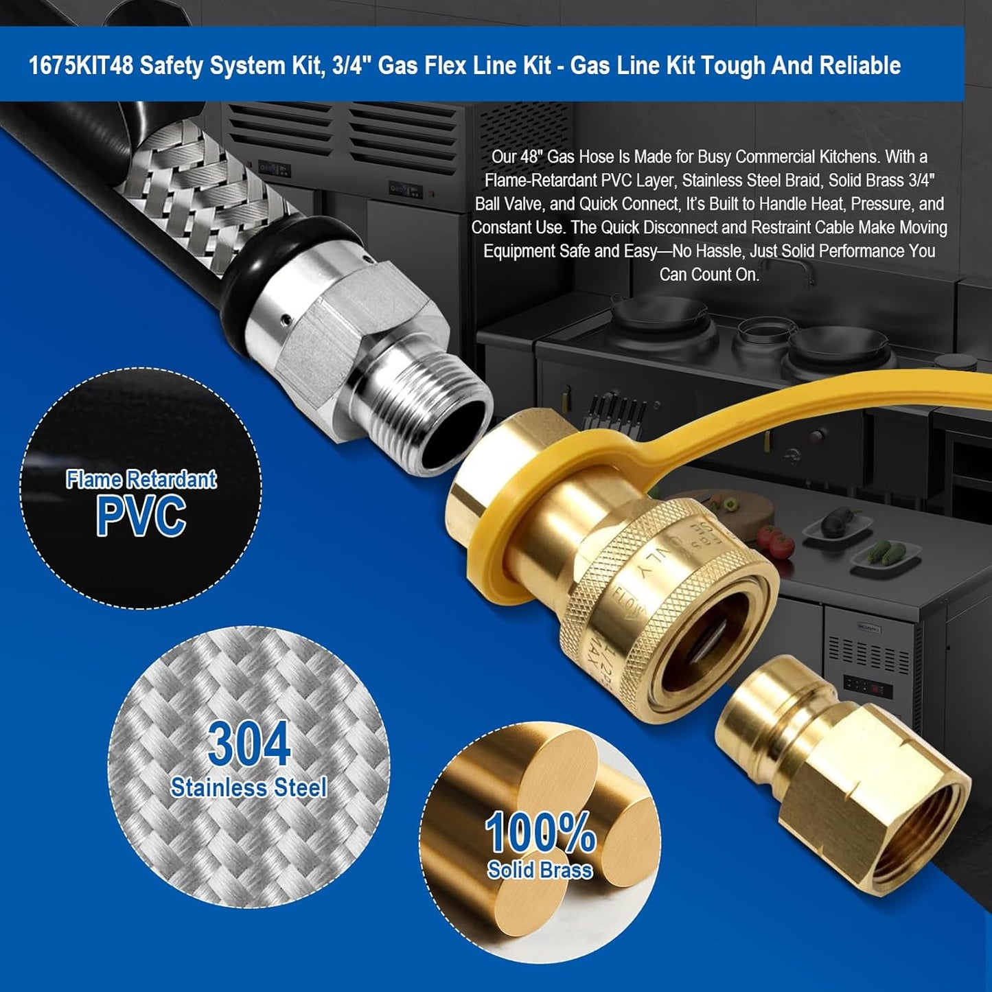 1675KIT48 Safety System Kit, 48" Mobile Gas Hose Connector with 2 Elbows, 3/4" Quick Disconnect, 3/4" Gas Flex Line & Gas Valve, Quick Connect & Disconnect for Commercial Kitchen Equipment.
