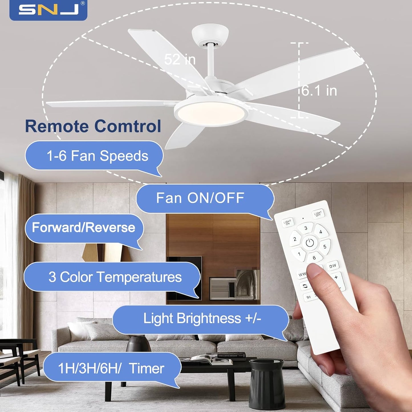 52 inch Ceiling Fan with Light, White Ceiling Fan with Light and Remote, Bedroom Ceiling Fan for Indoor, Outdoor, Living Ro