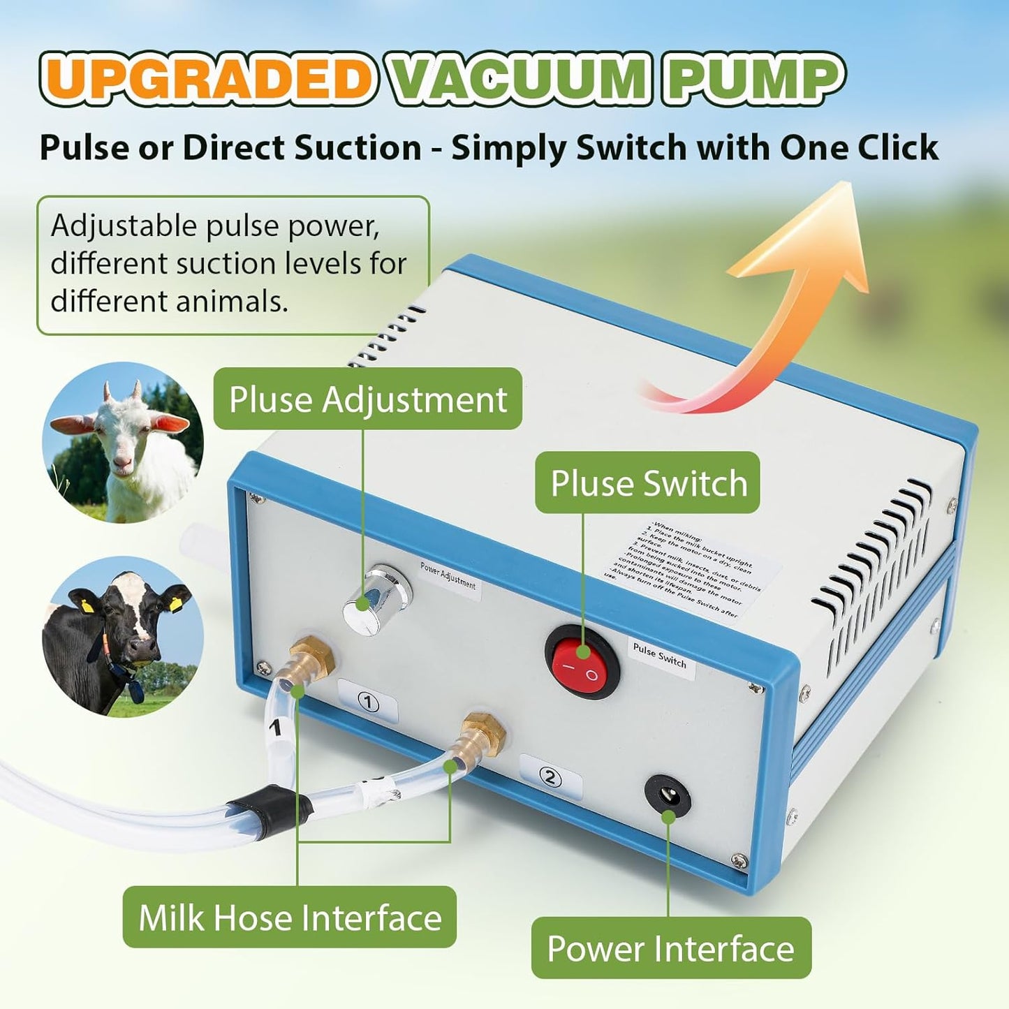 Upgraded 2 in 1 Goat Milking Machine 7L, 304 Stainless Steel Bucket, with 4 Teat Cups for Goat & Cow, Continuously Adjustable Pulsation Vacuum Milker