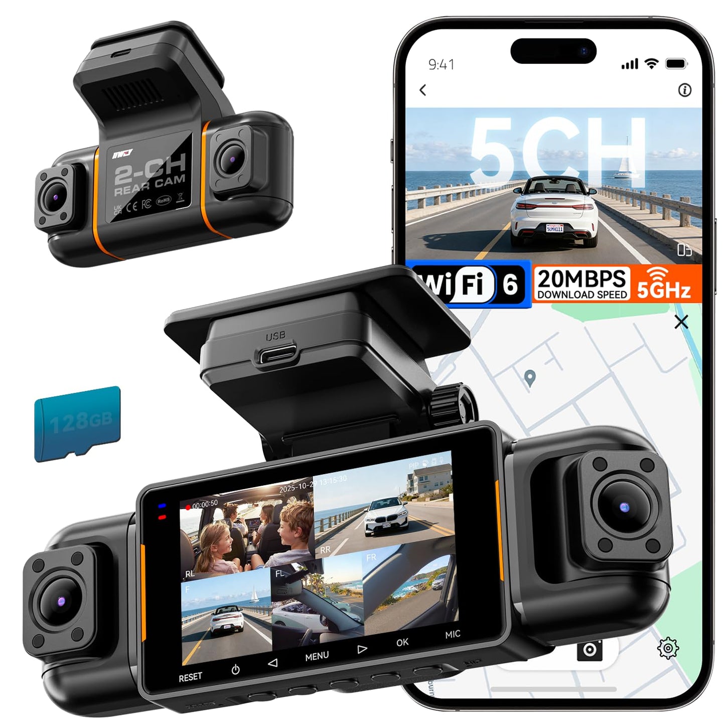 IIWEY N9 360° 5 Channel Dash Cam, Free 128GB Card, 12 IR LEDs Night Vision | 5.8G WiFi-6 with App (up to 20MB/s), 24/7 Parking Mode, Front & Rear Inside, Left, Right Dash Camera for Car, GPS, G-Sensor