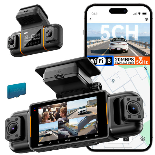 IIWEY N9 360° 5 Channel Dash Cam, Free 128GB Card, 12 IR LEDs Night Vision | 5.8G WiFi-6 with App (up to 20MB/s), 24/7 Parking Mode, Front & Rear Inside, Left, Right Dash Camera for Car, GPS, G-Sensor