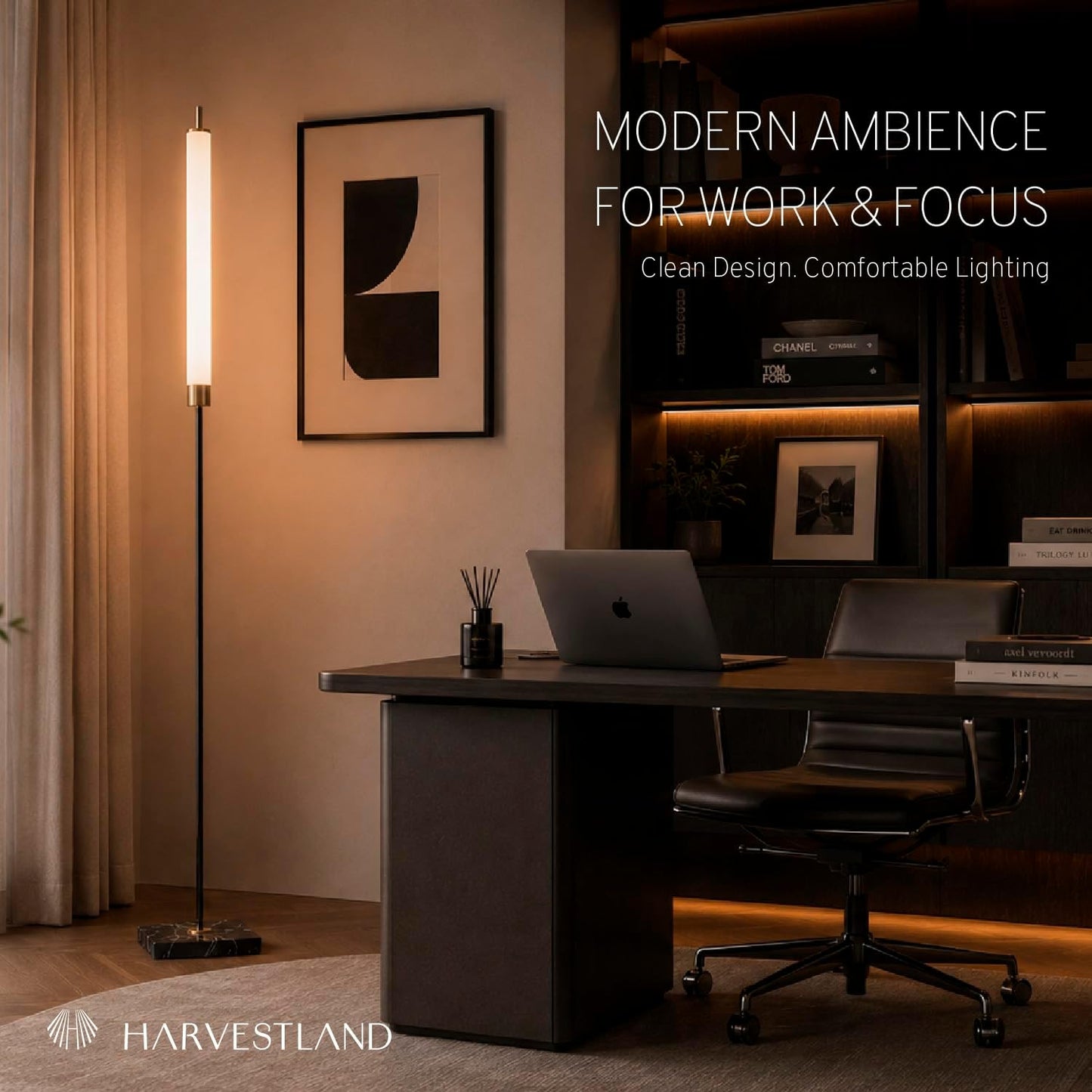 HarvestLand floor lamp, 56" LED standing light 16W 3000K Modern Marble Lamp with 50,000-Hour LED, Black & Brass standing lamp, minimalist lights for bedroom, living room lighting, Office Corner,1 Pack