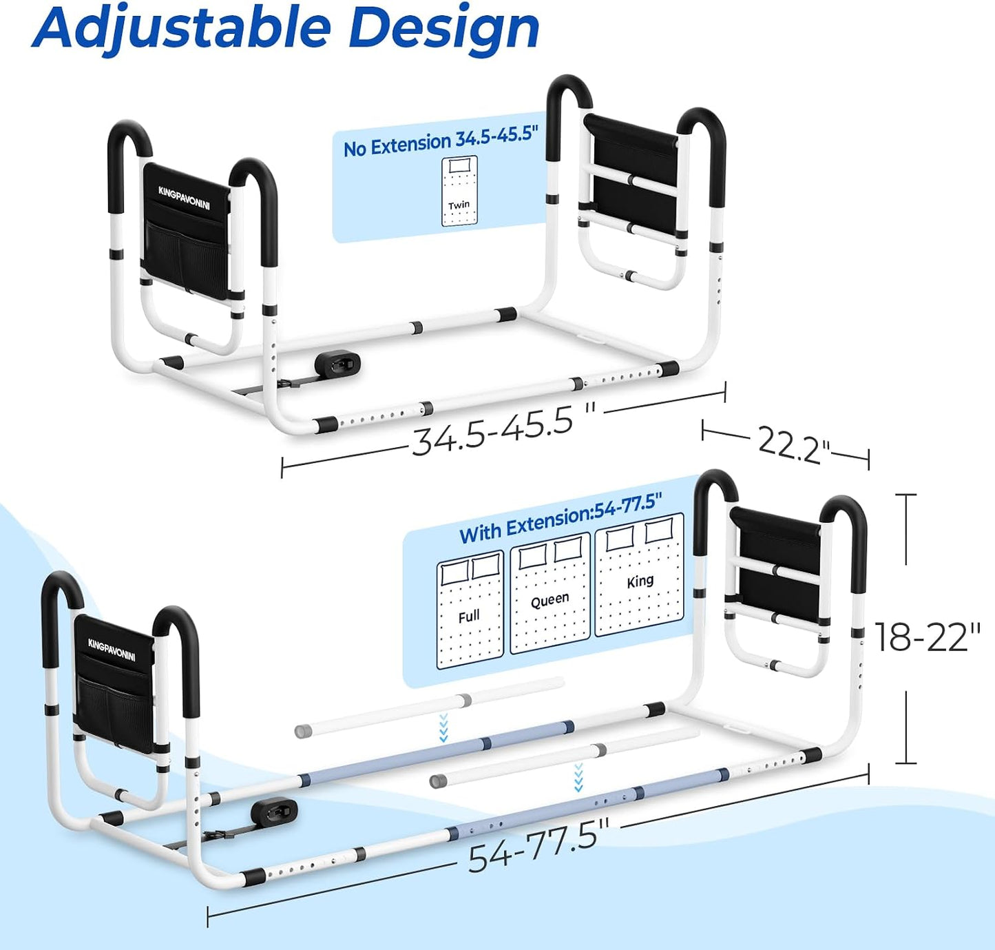 KingPavonini Dual Side Bed Rails for Elderly Adults Safety ASTM-Approved, 2026 Upgrade Ergonomic U-Handles & 4-Bar Anti-Tip Support, 350lb Bed Rails for Seniors with Storage Bag, No-Tools, Model BM10