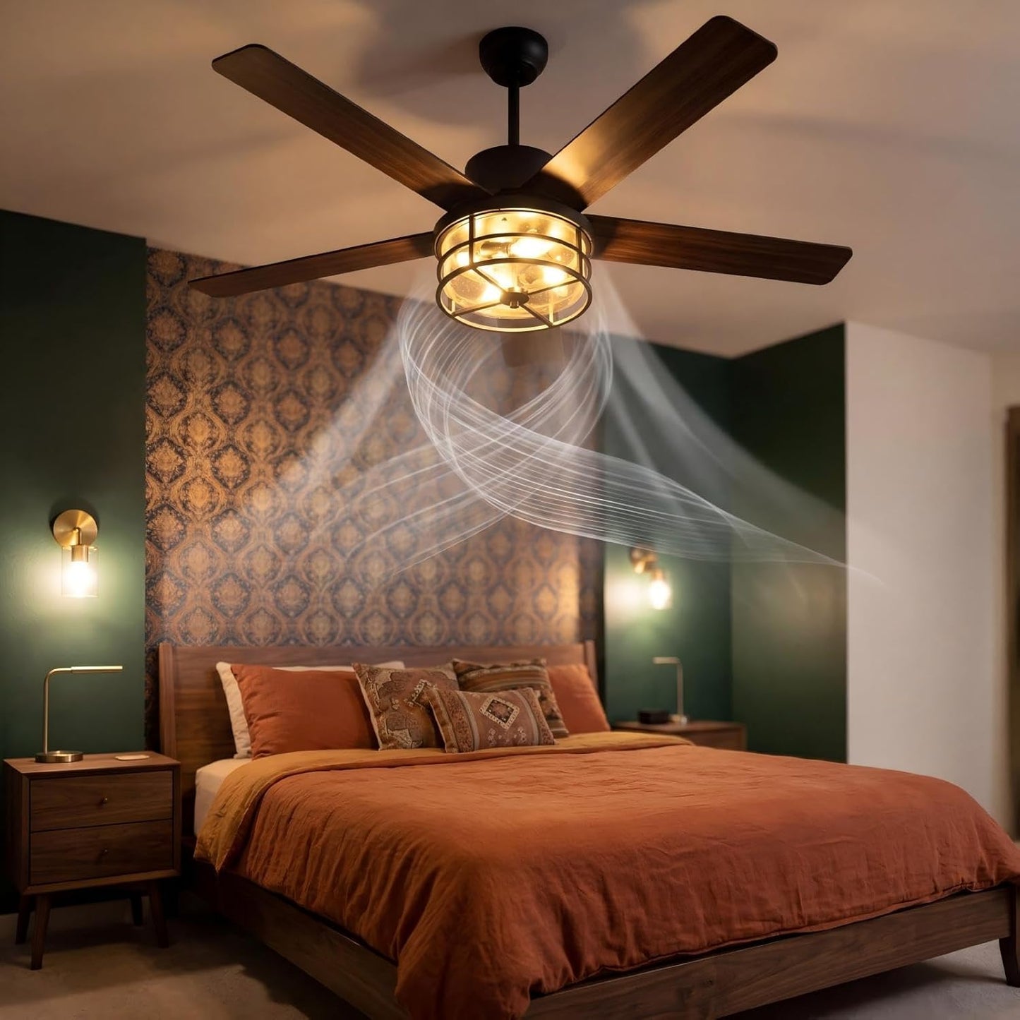 52" Plug-in Ceiling Fan with Light, Matte Black Modern Industrial Caged Glass Fan for Living Room, Bedroom, Farmhouse Decor, 4-Light E12 Base, Remote/App Control, Reversible DC Motor