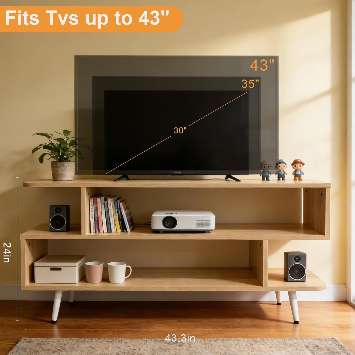 TV Stand for TVs up to 45 Inches, Modern Entertainment Center with Three-Tier Open Storage Shelves for Media TV Console Table, Living Room, Bedroom, Family Room, Easy Assembly-Walnut