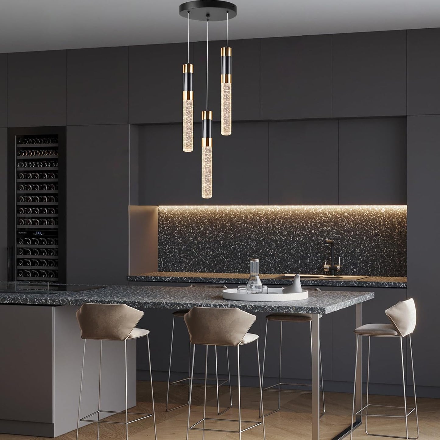 ELEKICO Crystal Modern 3-Light Black and Gold Led Pendant, Light Fixture