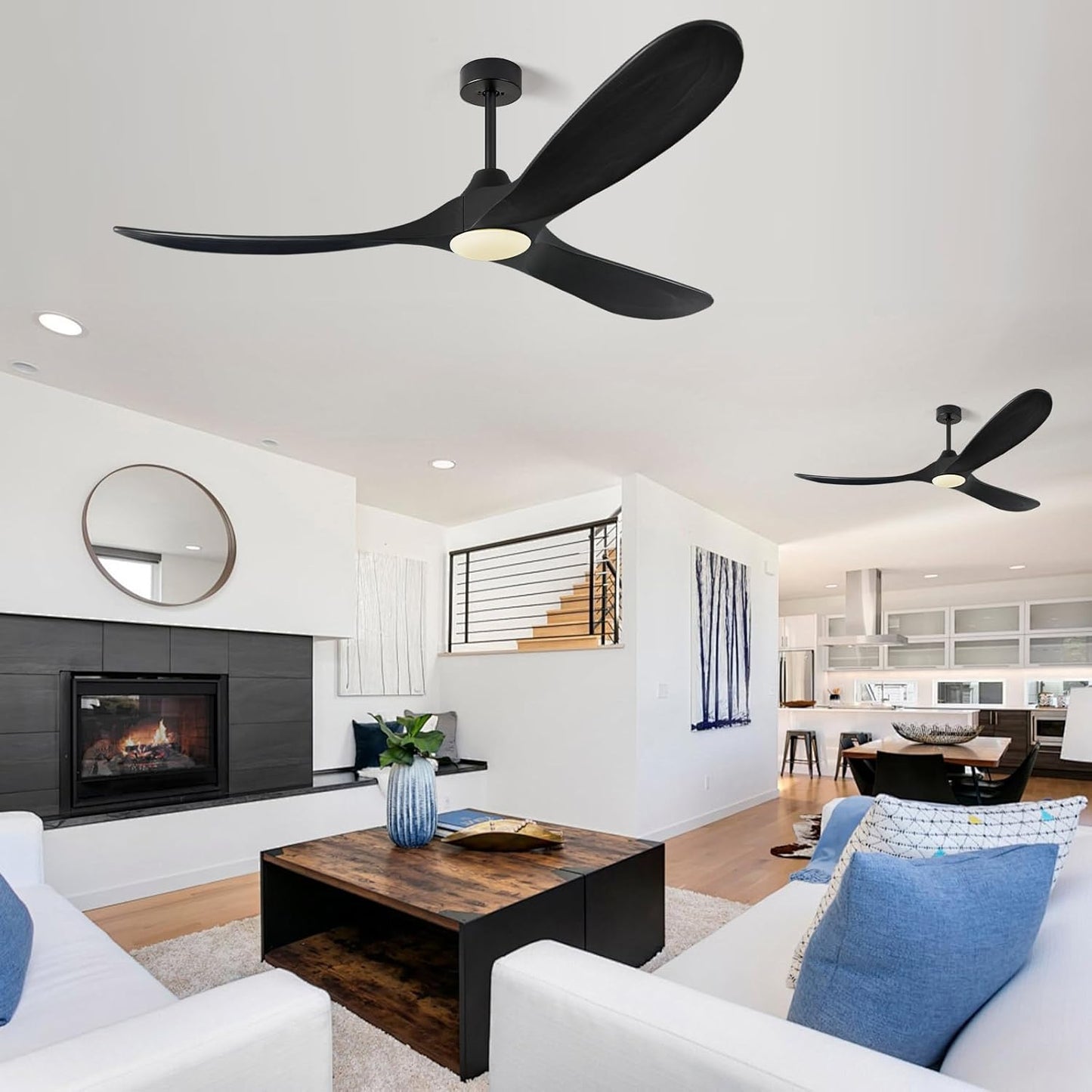 ABZ Ceiling Fans with Lights - 60 inch Propeller Ceiling Fan with Remote Control, 3 Blades Black Solid Wood Ceiling Fan for Indoor Outdoor Patio