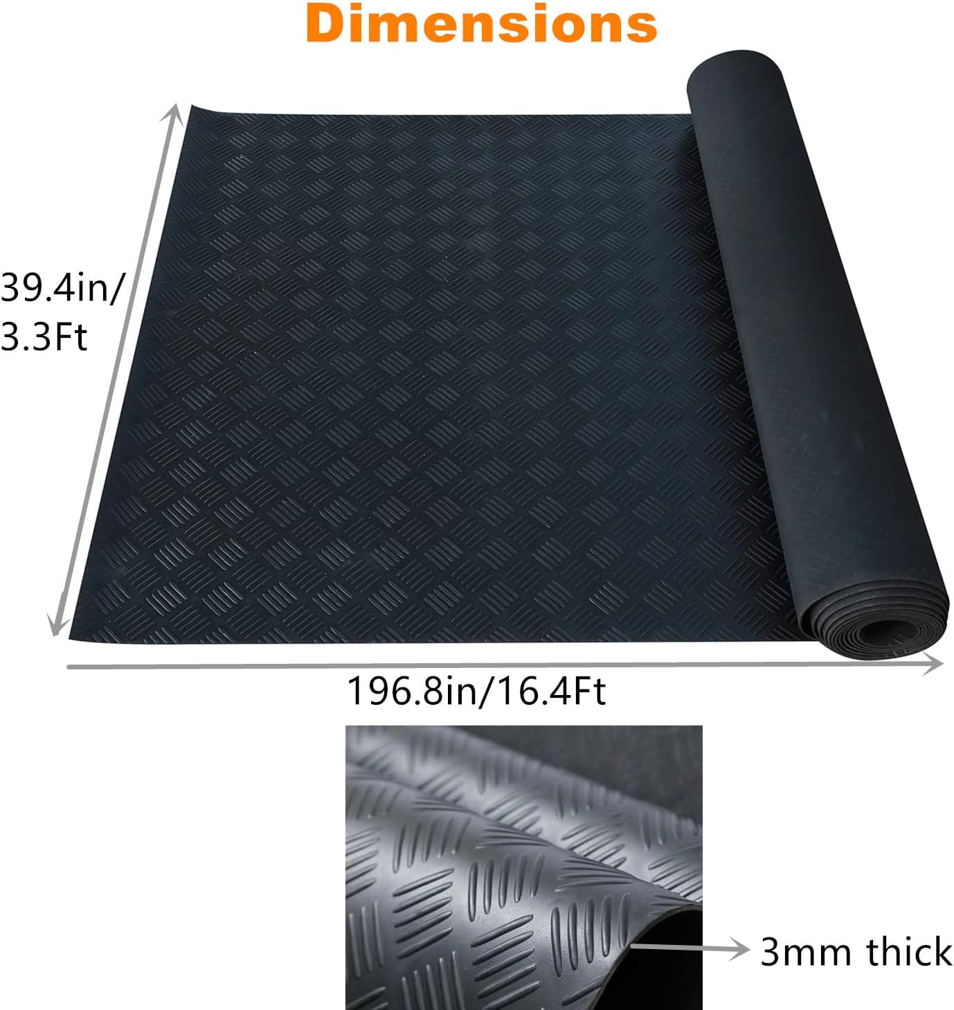 3mm Thickened Heavy Duty Garage Floor Runner 16.4'x3.3', Rubber Flooring Roll 54sqft, Water & Stain Resistant