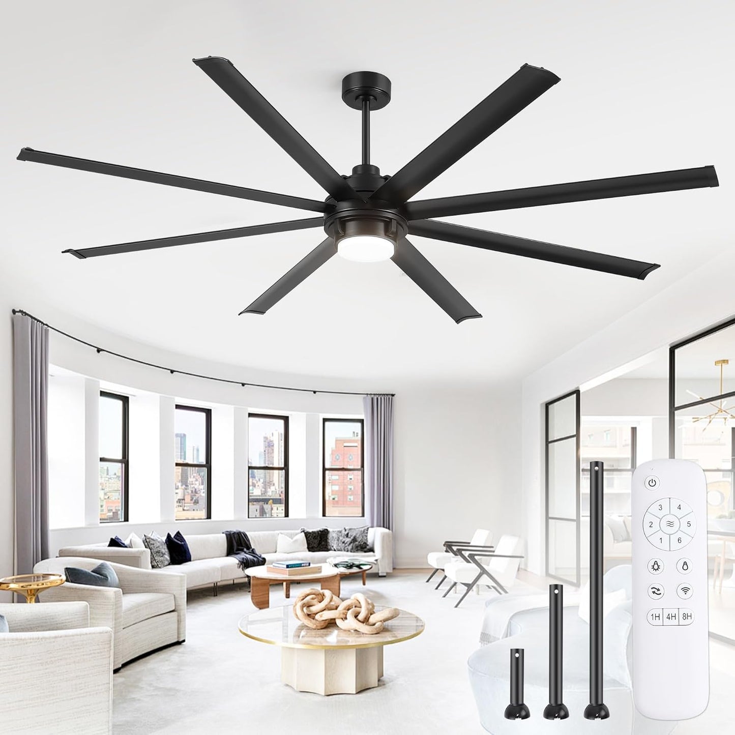 Fanbulous 84 inch Large Ceiling Fan Outdoor Industrial Ceiling Fan with Light and Remote, 6-Speed, 3CCT, 8 Aluminum Blades, Modern Black Big Assed