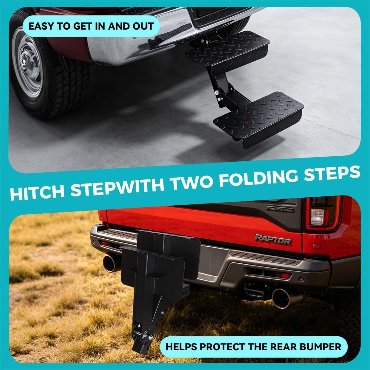 12" Wide 2-Step Folding Trailer Pet Hitch Step for 2" Receiver -Heavy Duty 2 Step Dog Stairs, 4-Position Adjustable Height, Towing Hitch Stair Fit for Truck Camper, RV, Pickup Truck, Trailer, SUV