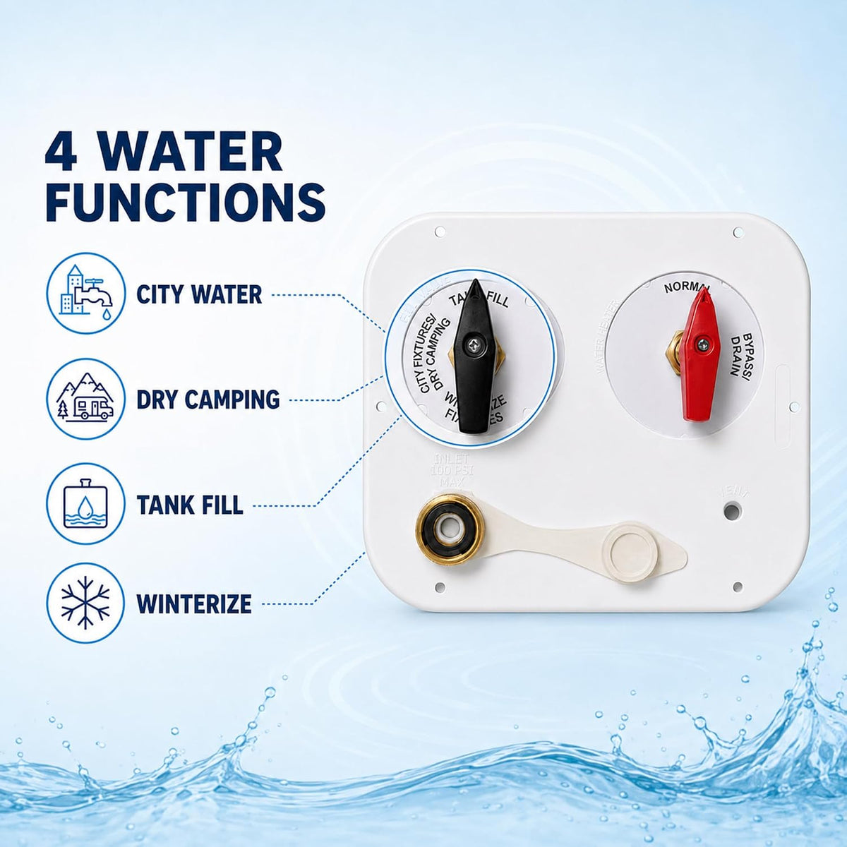 RV Water Service Panel, 4-Function Fill Valve with Heater Bypass
