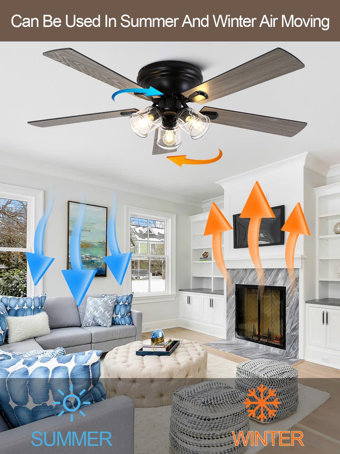 52 Inch Flush Mount Farmhouse Ceiling Fan with Lights and Remote | Rustic Fandelier Ceiling Fan, Low Profile Chandelier, 5 Dual Blade, for Bedroom Living Room, Reversible DC Motor 6 Speeds Vintage-V2