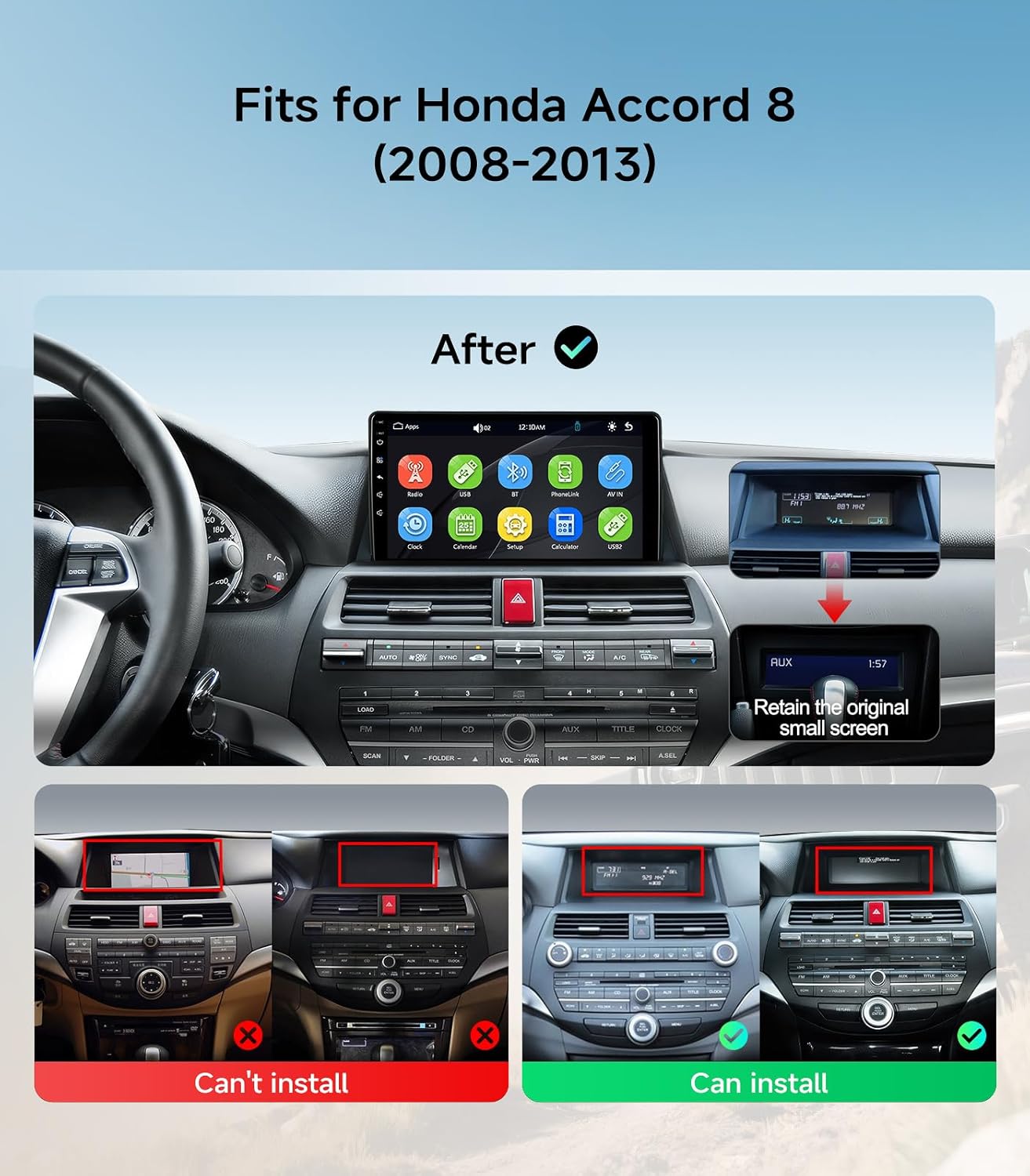 Car Radio Stereo for Honda Accord 2008 2009 2010 2011 2012 2013 10.2 Inch IPS HD Touch Screen Wireless CarPlay Android Auto, WiFi FM/SWC Bluetooth 1080P Backup Camera