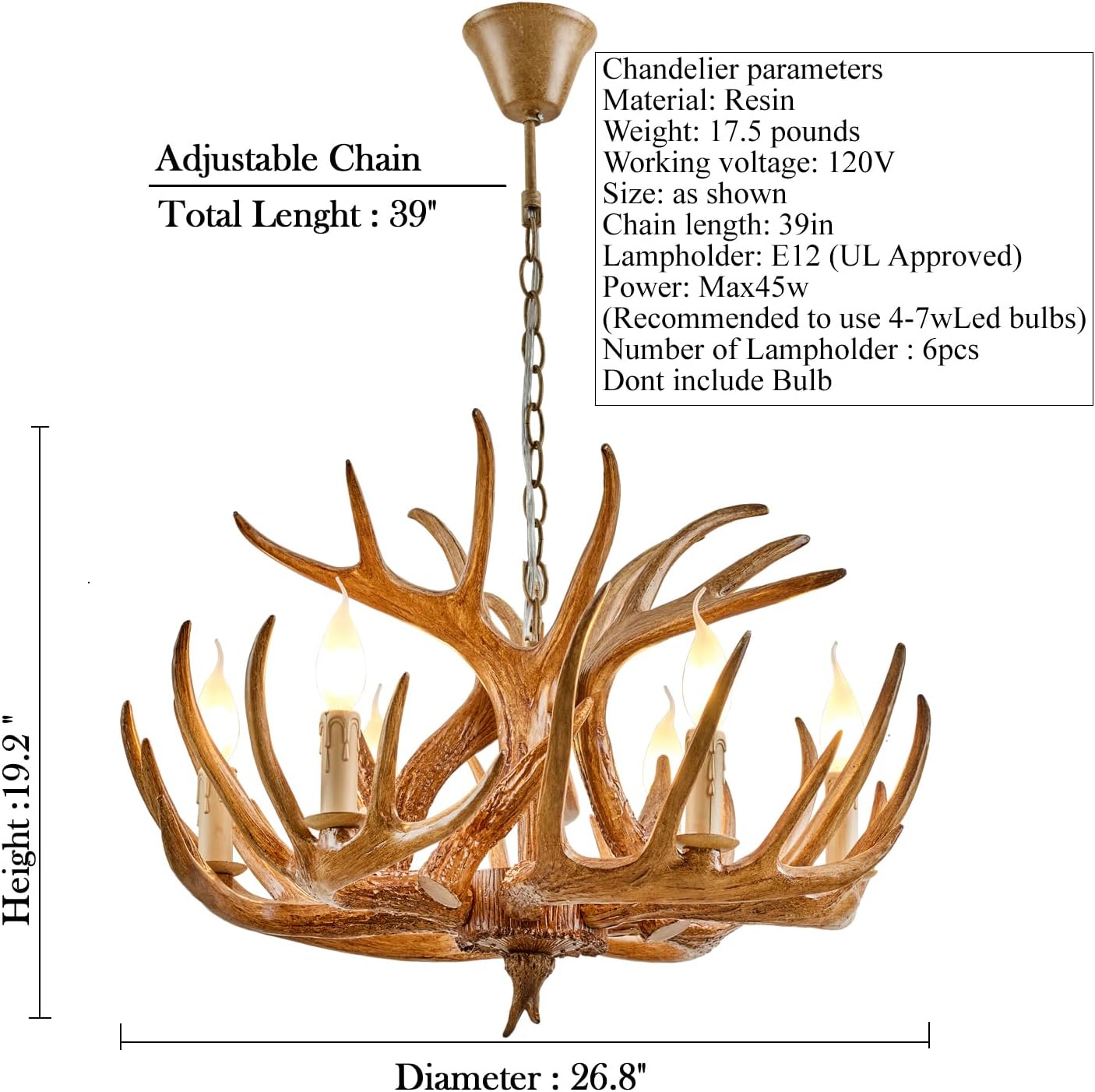 Hubrin Farmhouse Antler Chandelier Lighting 6-Light, Brown Vintage Deer Antler Chandelier, Rustic Resin Antler Light Fixtures for Living Room Dining