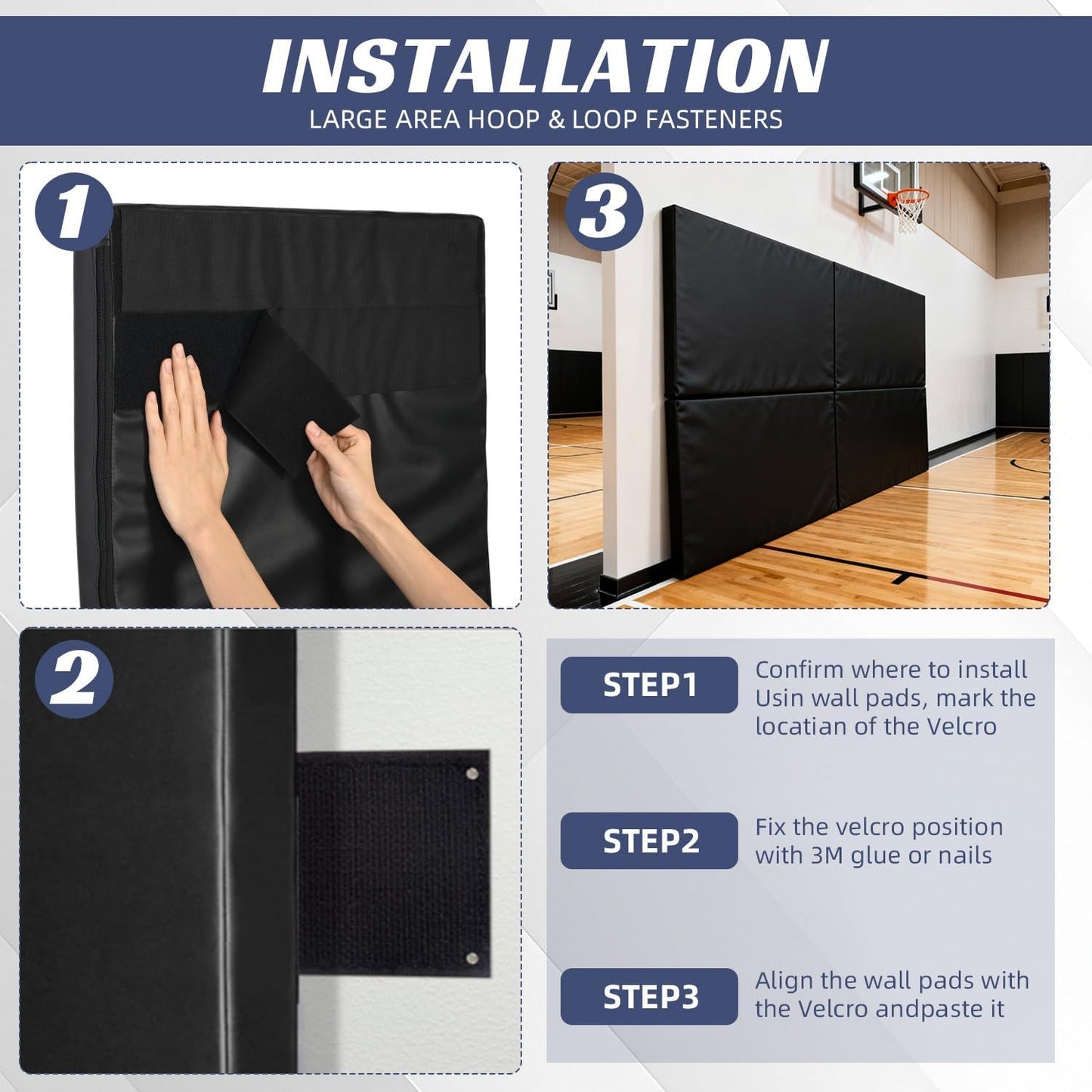 Wall Pads for Gym, 2" Thick Wall Cushion Padding Basketball Court Garage Wall Mount Protector, 60" L x 24" W Anti Collision Exercise Mats for Basement Taekwondo (Black)