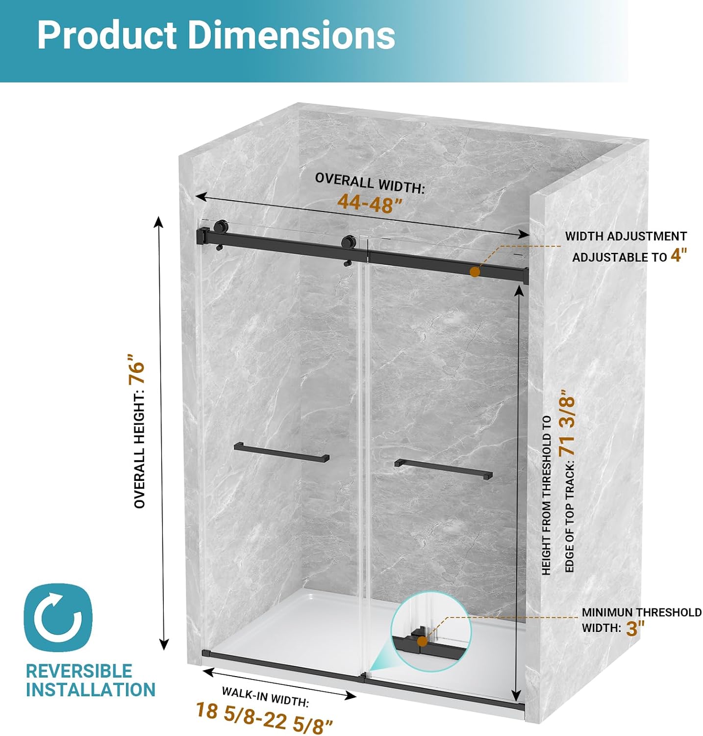 44"-48" W x 76" H Double Sliding Shower Door, 5/16" (8mm) Clear Tempered Glass Frameless Shower Door with Nano Easy Clean Coating, Stainless Steel Hardware, Matte Black Matte Black 48" W x 76" H - 8mm - Clear Glass