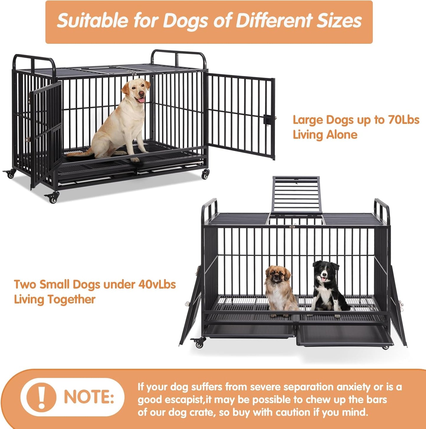 Lauren&Harold 48 Inch Heavy Duty Dog Crate Furniture for Large Medium Dogs, Indestructible Dog Kennel Indoor with Wheels&Removable Tray, Escape-Proof