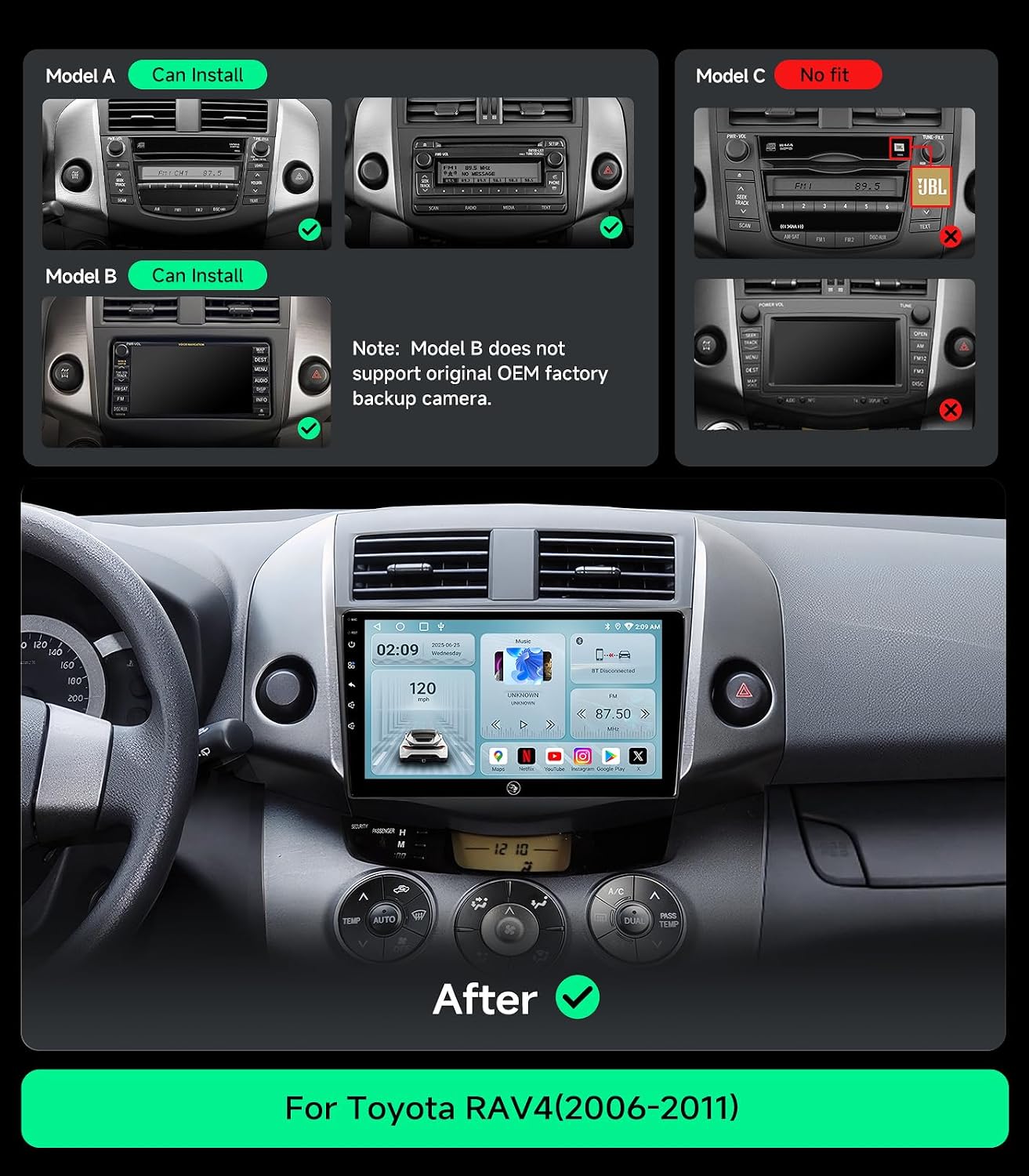 Car Stereo Radio for Toyota RAV4 2006 2007 2008 2009 2010 2011, 9 Inch Touch Screen, Wireless Carplay & Android Auto, WiFi, Bluetooth, GPS FM, SWC, 1080P Backup Camera
