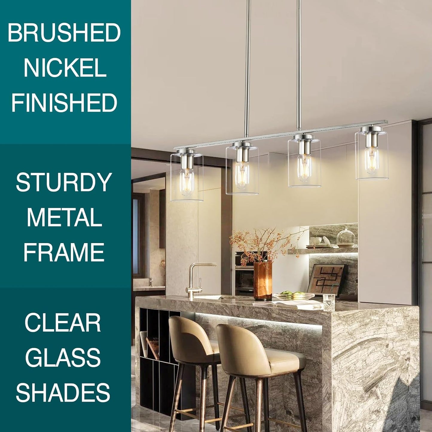 Seilisy 4 Lights Brushed Nickel Island Light Fixtures, Kitchen Pendant Lights Chandelier with Clear Glass Shade, Ceiling Hanging Over Table Island