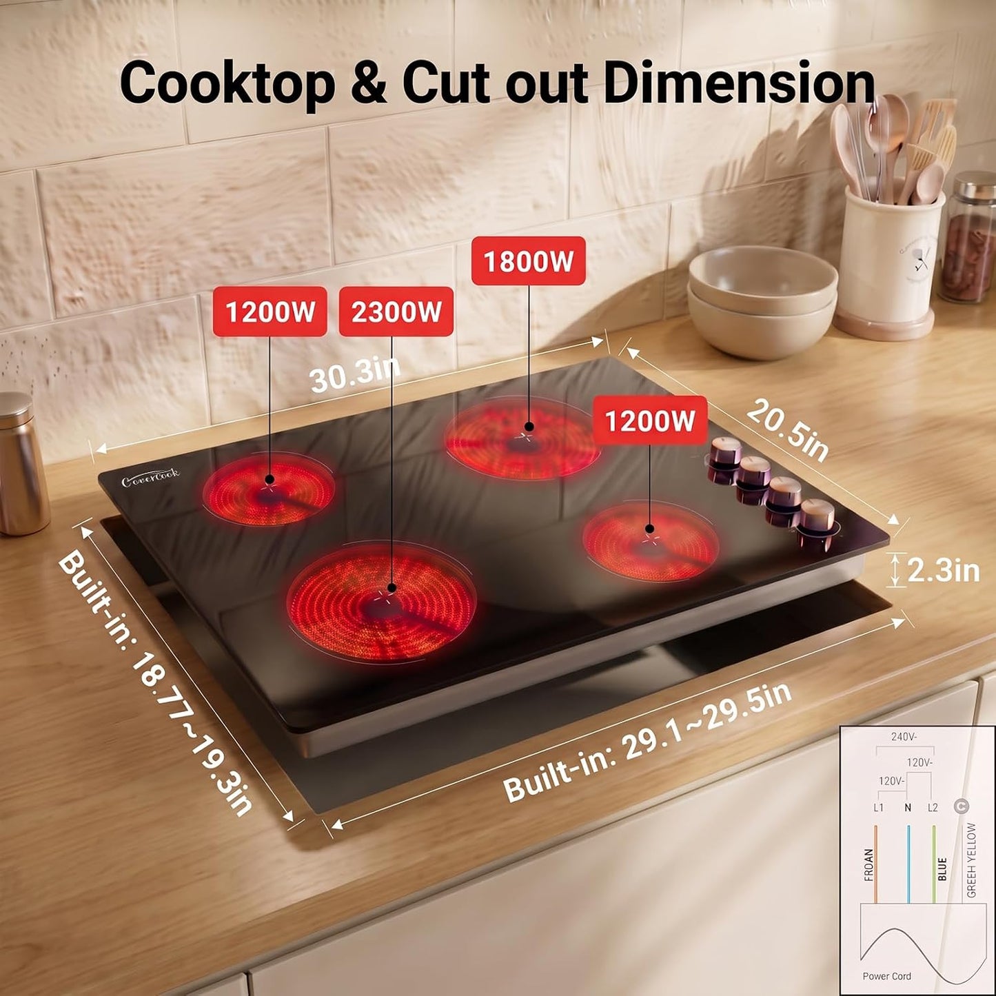30 Inch Built-in Electric Ceramic Cooktop, Stove Top with 4 Burners, Radiant Heating, 9 Power Levels, Knob Control, 240V Hardwired