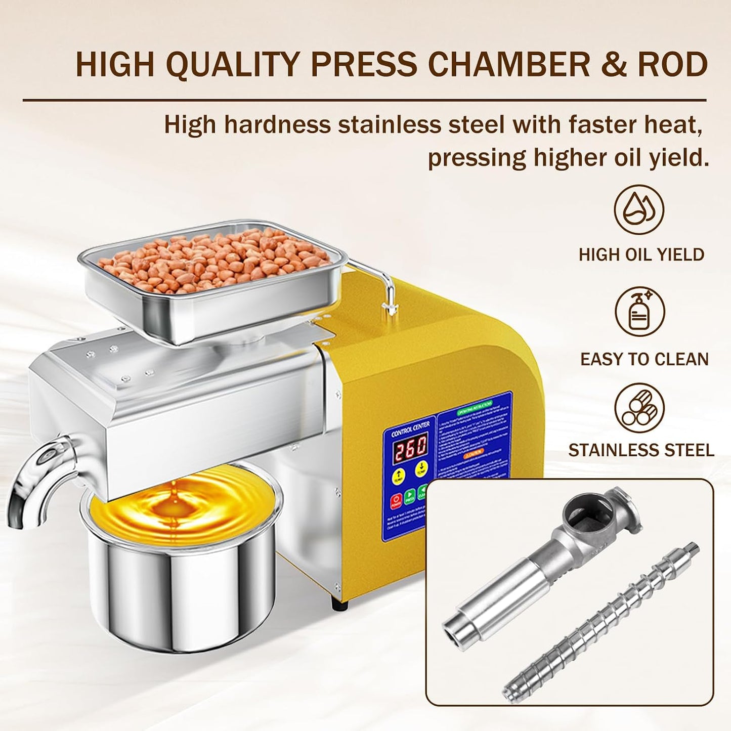 1800W Automatic Seed Oil Press Machine, Hot and Cold Extraction | Stainless steel, 11-20 lb/h output, 104-572°F control for home and commercial use with peanuts, sesame, soybeans and walnuts