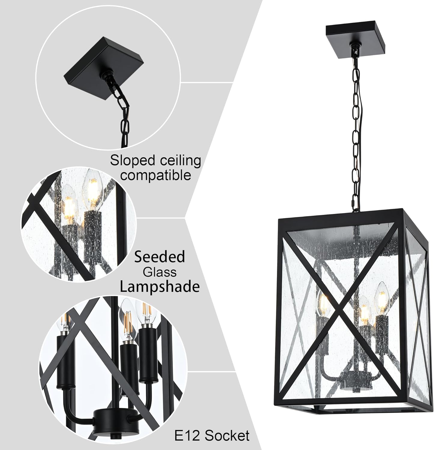 MELUCEE Outdoor Pendant Light for Porch 3-Light Exterior Hanging Light Ceiling Lantern with Seeded Glass Shade, Outdoor Chandelier Black for Patio