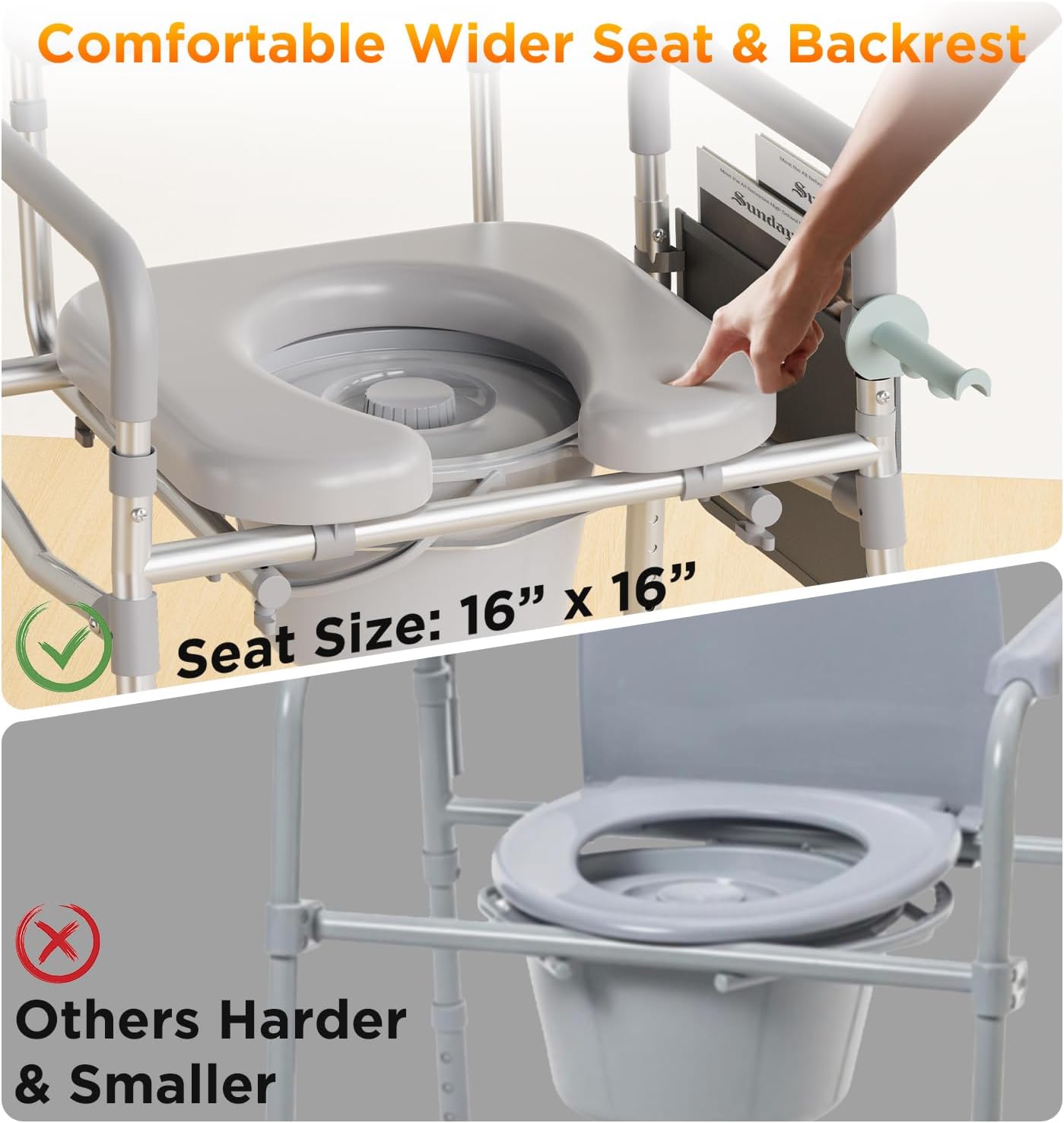 Bedside Commode with Padded Seat & Backrest, Aluminum Toilet with 6.5 qt Bucket, Easy-Clean, 350 lb Capacity Enhanced Crossbar, Portable Toilet for Seniors with Paper Holder & Newspaper Bag