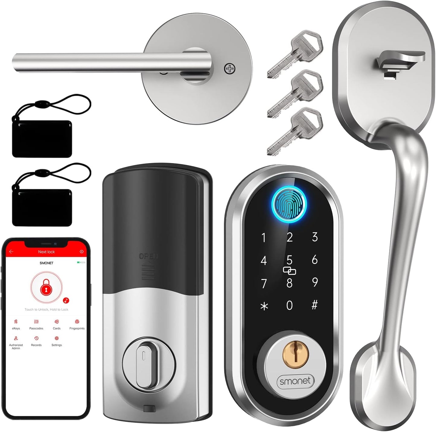 Smart Front Door Lock Set - SMONET Fingerprint Lock Keypad Front Door Lock with Handle Keyless Entry Door Lock Electronic Touchscreen Keypad