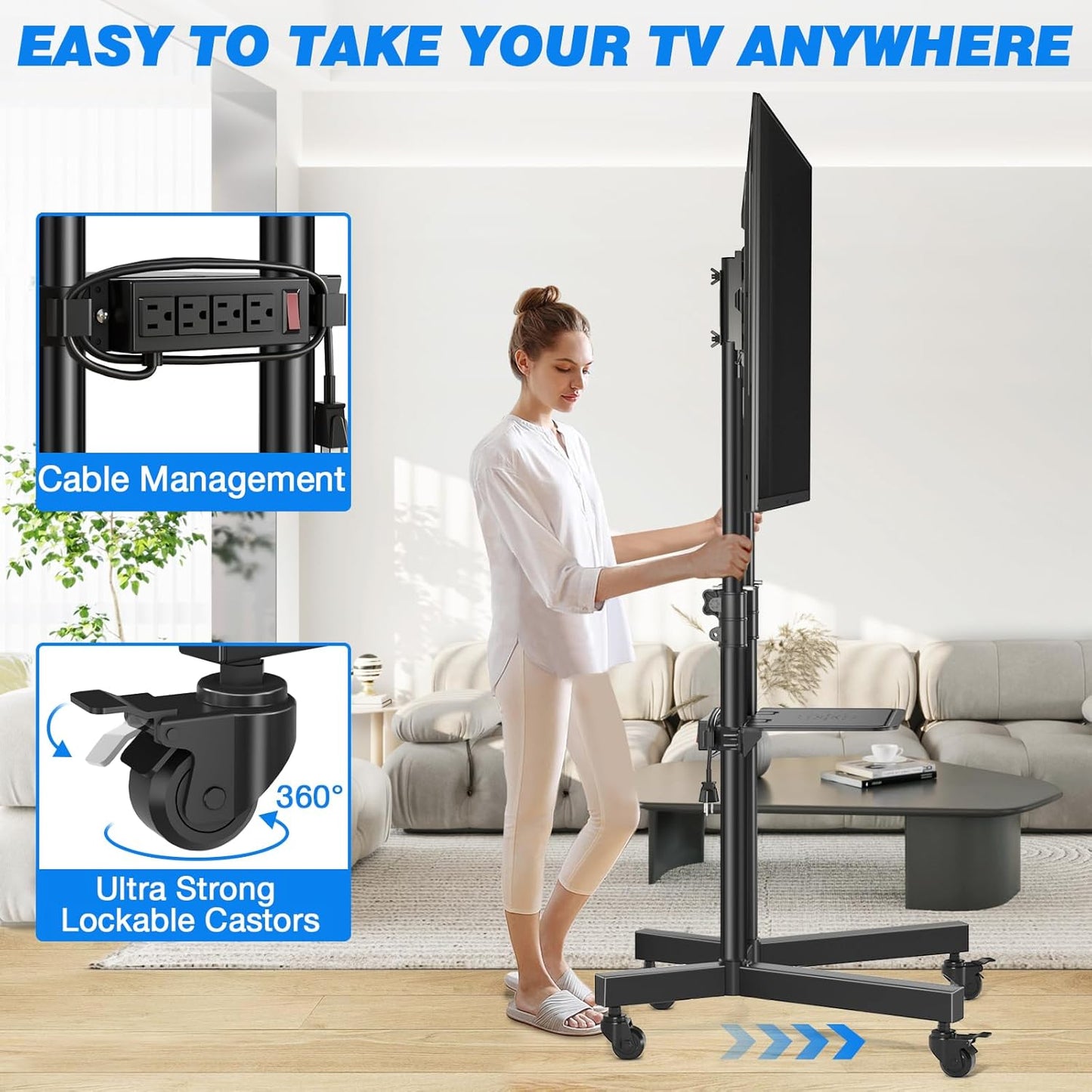 Rolling TV Stand with Power Outlet, Mobile TV Stand with Upgraded Wheels for 32-83 Inch LCD LED OLED Flat Panel Curved Screen TVs up to 110 lbs,