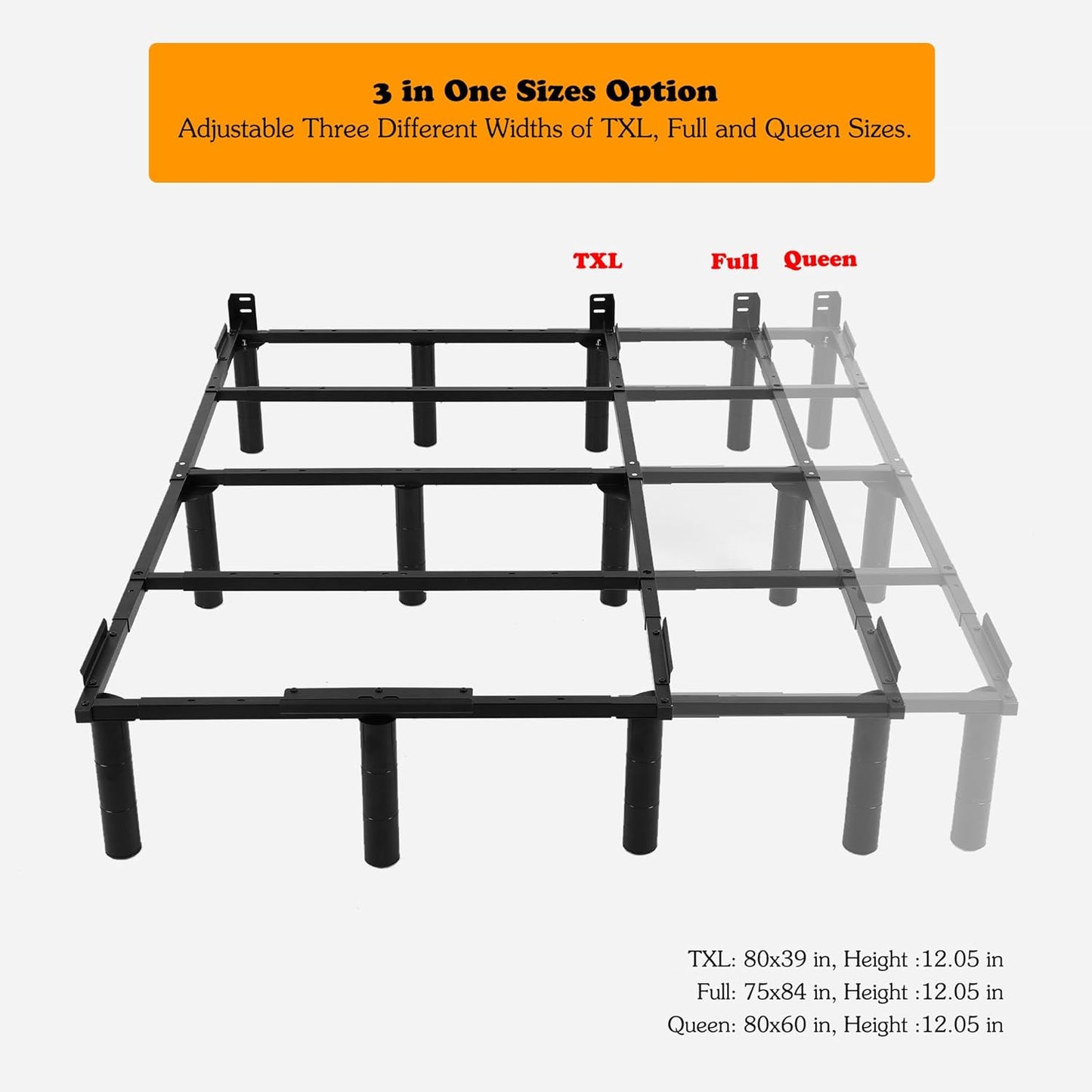 S*MAX Queen Platform Bed Frame Reinforced Heavy Duty Steel Metal Bed Frame 3 Heights Adjustable Nylon Noise Free Feet Retractable with TXL Full Queen