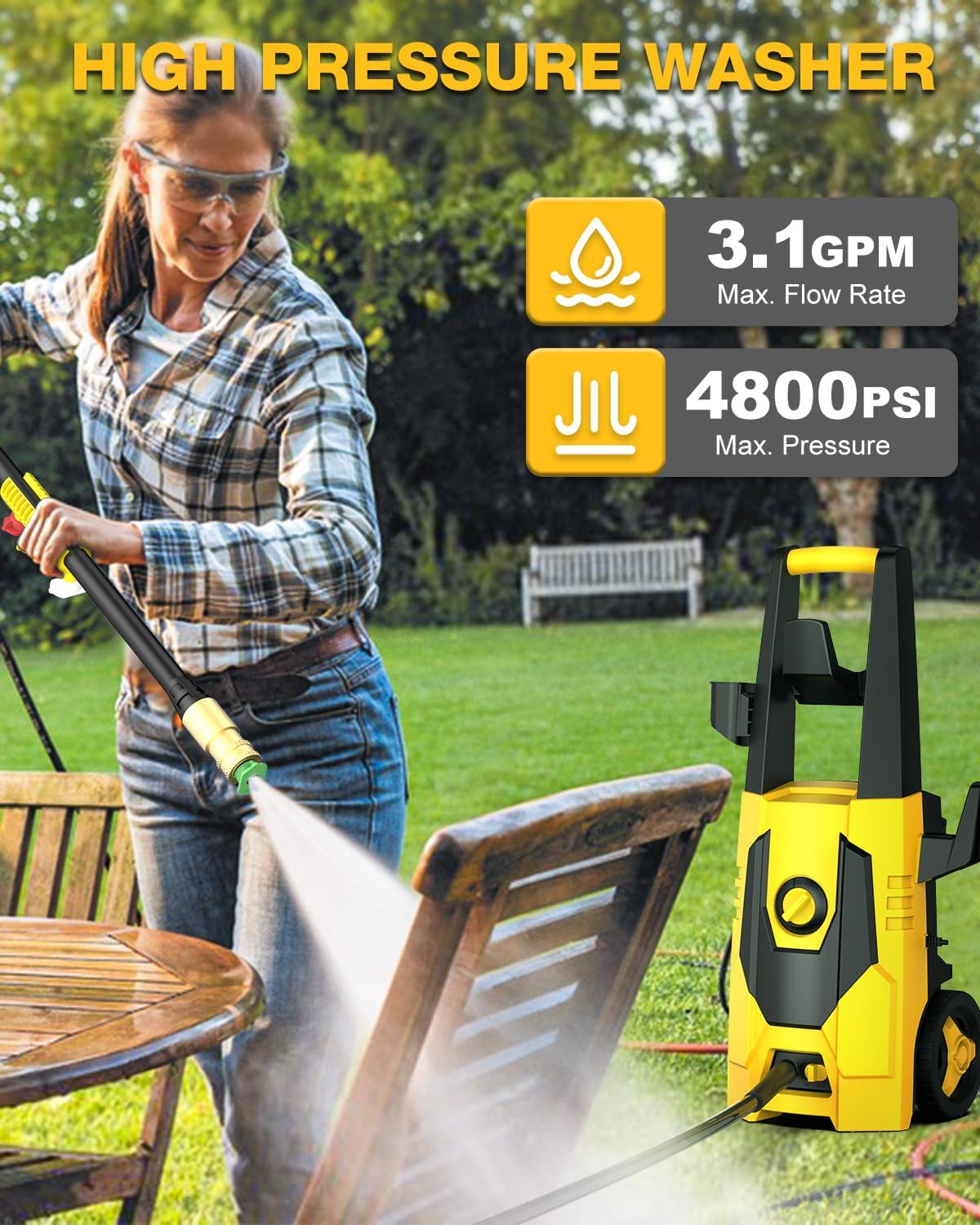 AgiiMan Electric Pressure Washer - 4800PSI Max 3.1 GPM Power Washer with 35FT Power Cord, 20FT Hose, Soap Tank, High Press