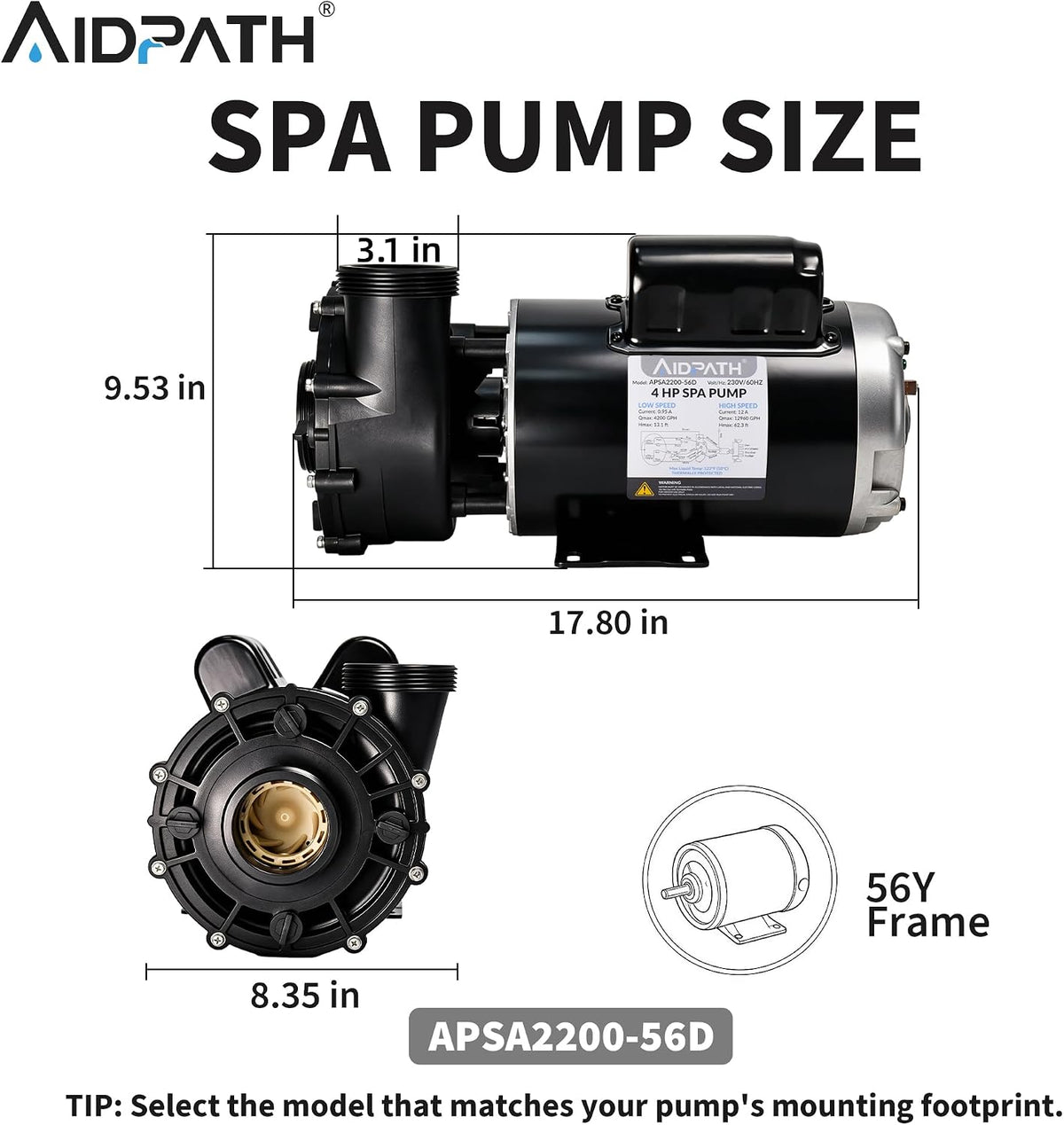 56 Frame 230V, 4HP Dual Speed Hot Tub Spa Pump with 2"&1.5" Adapter