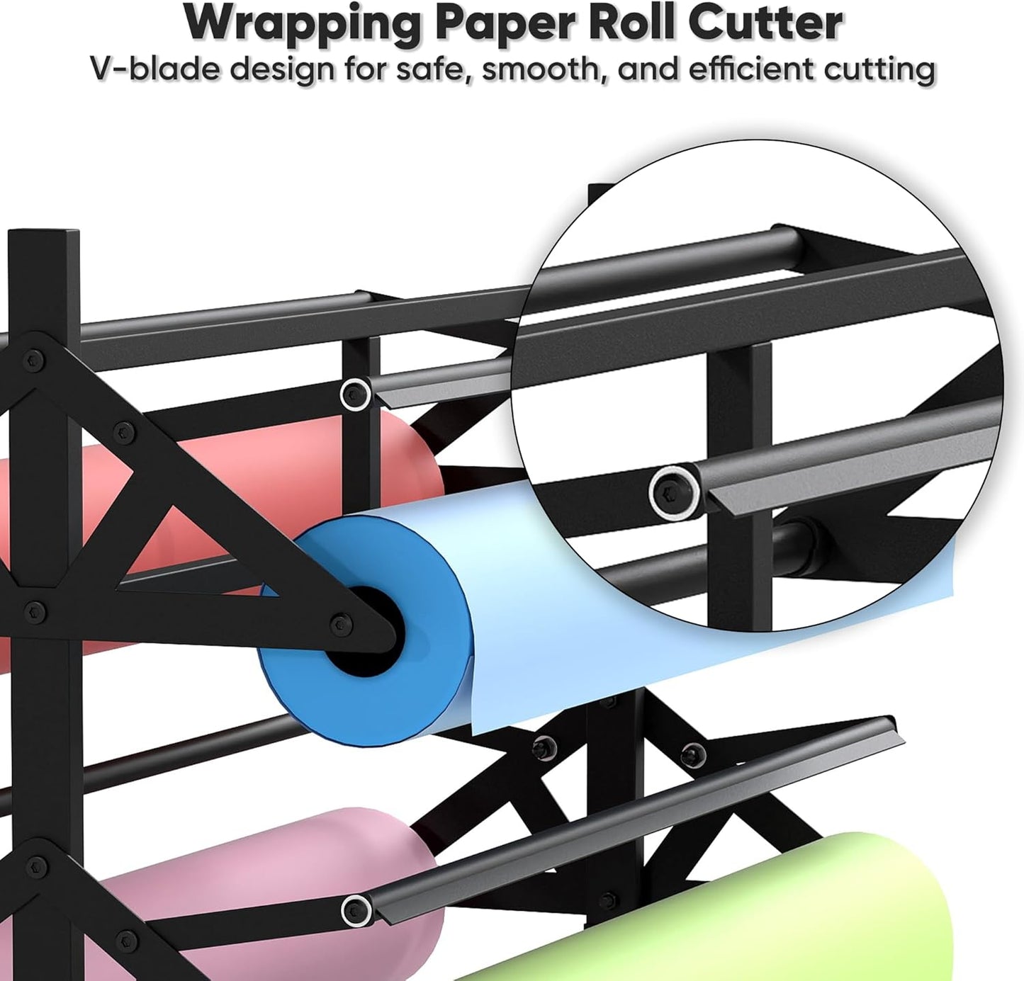 Large Paper Roll Holder Heavy Duty Paper Roll Dispenser and Cutter Holds Eight 36" Wide x 9" in Diameter Rolls Mobile Rolling Organizer for Kraft Butcher Craft Wrap Paper Roll Cutter