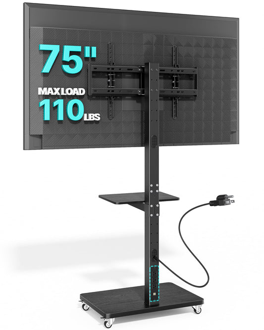 Rolling TV Stand with Power Outlet for 32-75 Inch TVs up to 110 lbs, Mobile TV Stand on Metal Wheels, Tilt & Swivel Portable TV Cart with Mount, Height Adjustable TV Cart with Wire Management